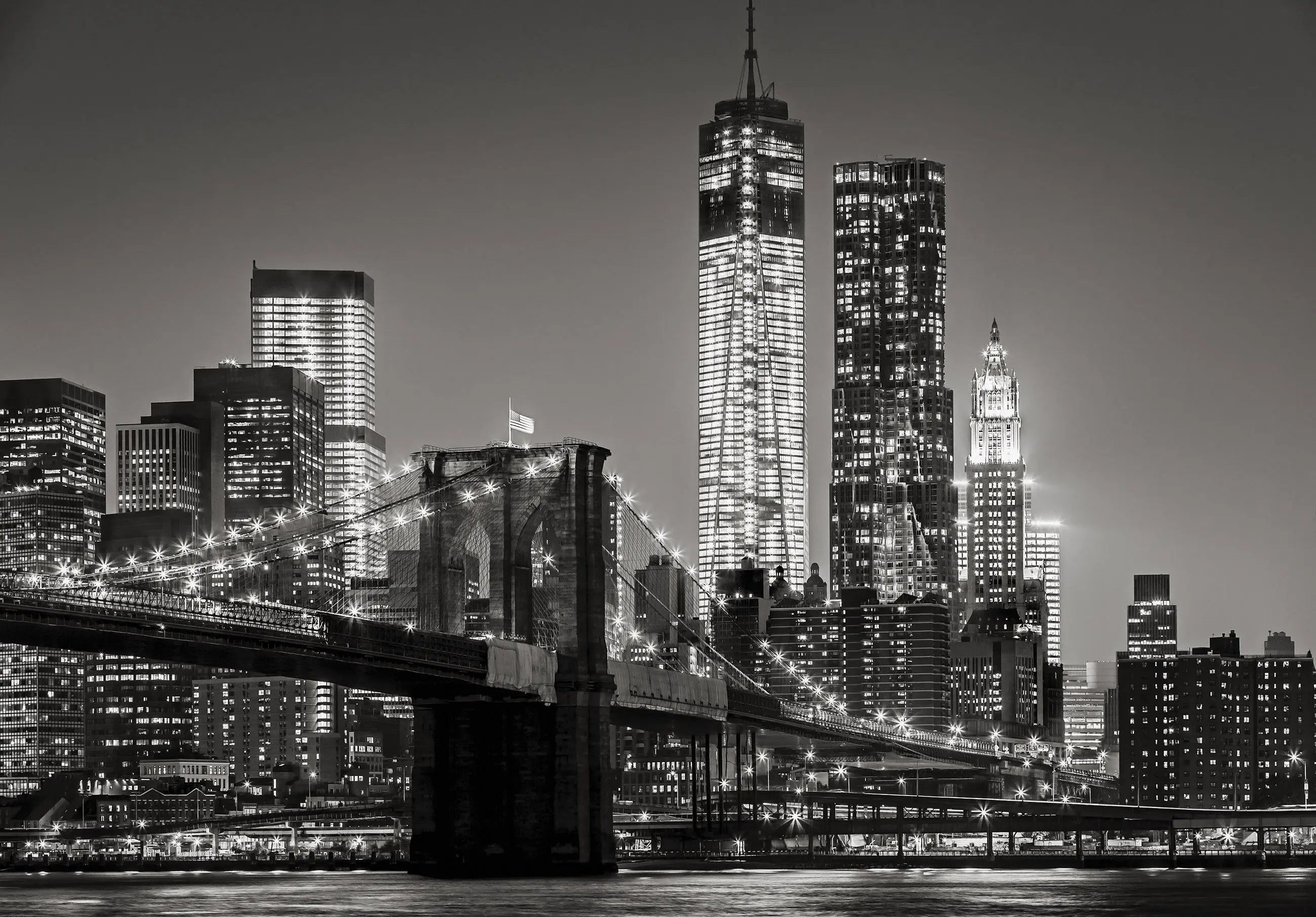 Billede 7 af Fototapet - Sort-hvidt billede af Brooklyn Bridge og Manhattan skyline, New York