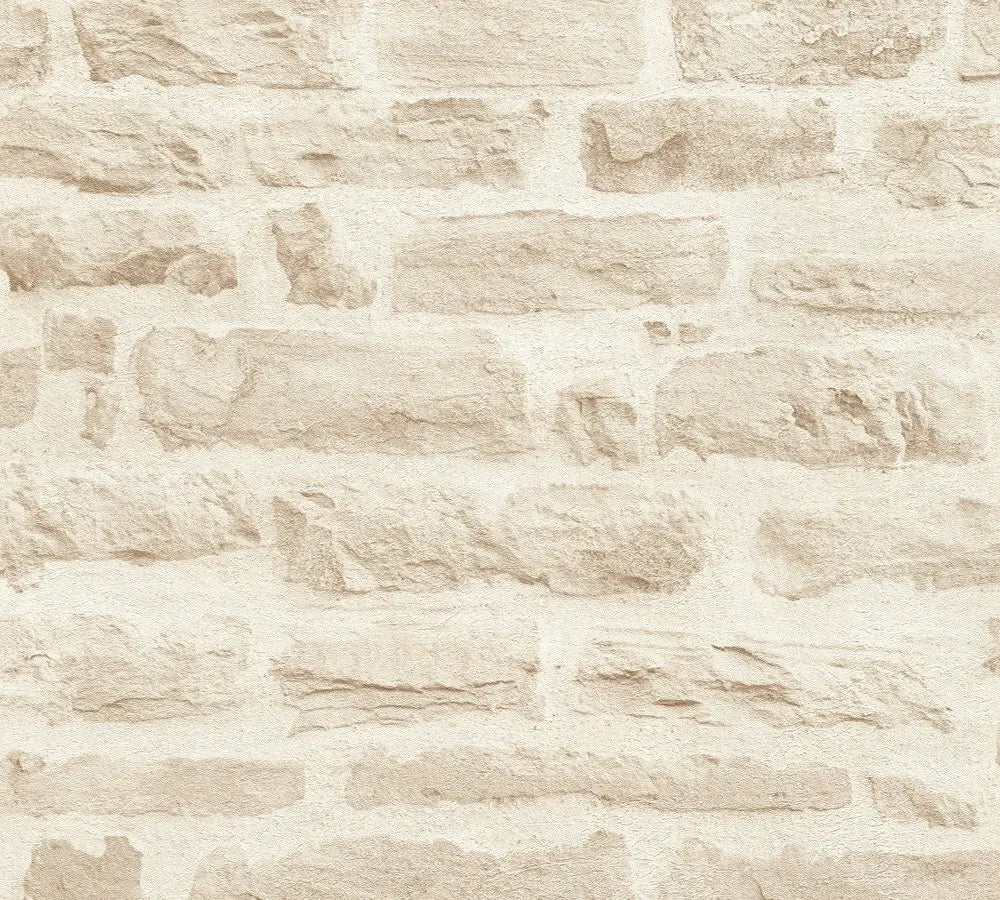 Nærbillede af tapet med stenstruktur i lys beige, produktet er Stone Layer - Limestone fra Nicetapet.dk.