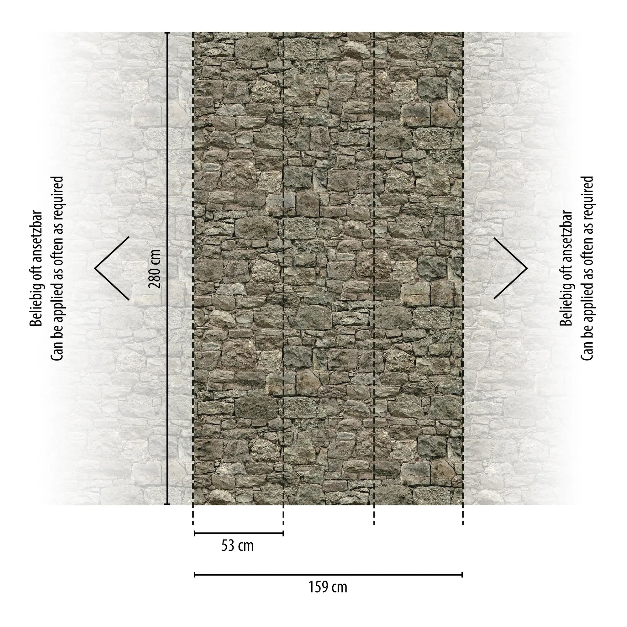 Illustration fra Nicetapet.dk af Stone Legacy tapet med målangivelser på 53 cm bredde og 280 cm højde, der fremhæver installationsmuligheder.