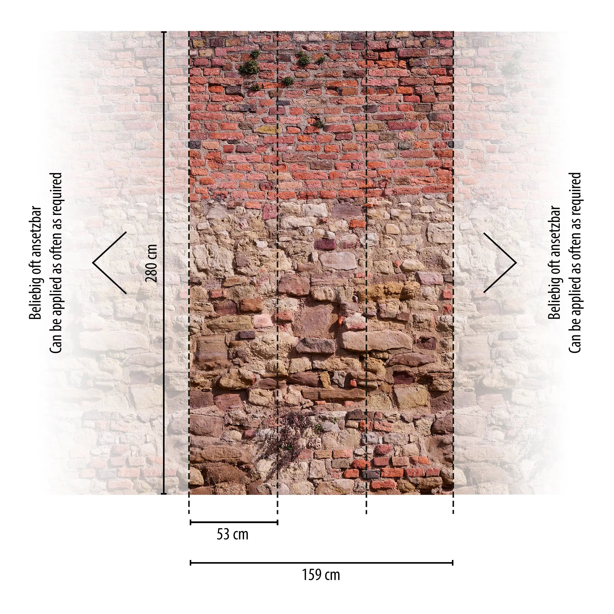 Grafisk billede af Structured Stone tapet med dimensioner 159 cm bred og 280 cm høj, viste udskæringer til opsætning.