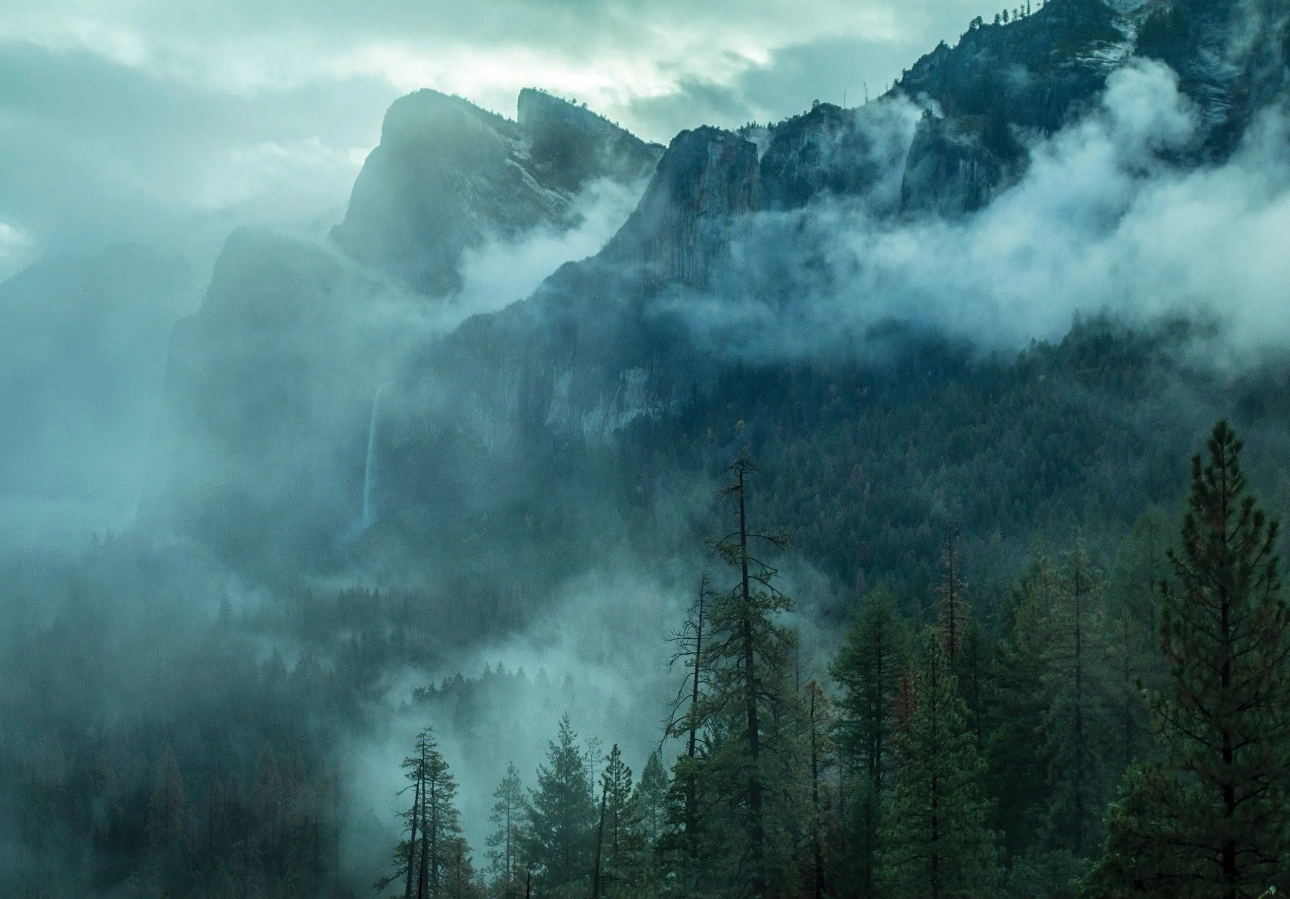 Billede 1 af Fototapet - Tågede bjerge og skov med vandfald i Yosemite