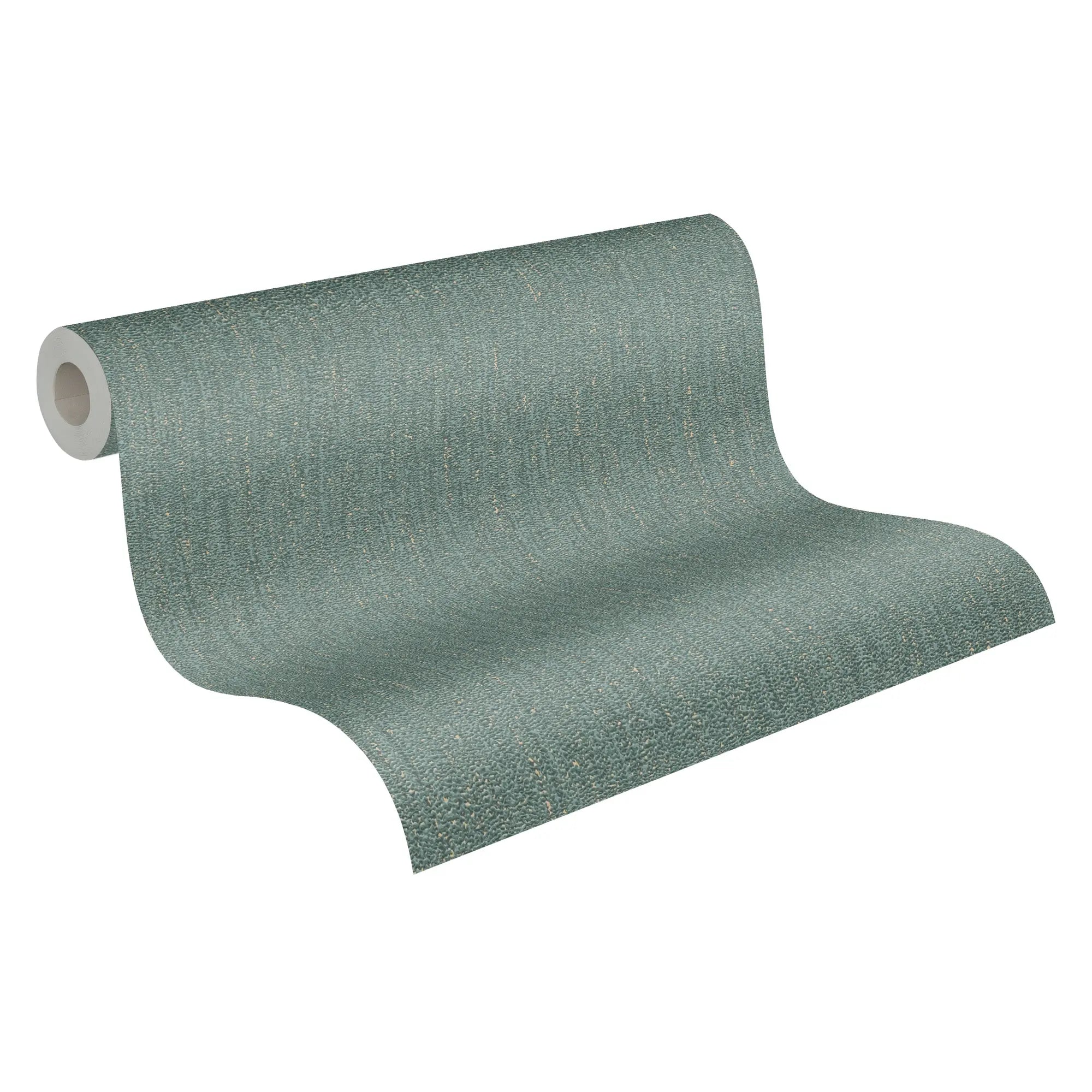 Billedet viser en tapetrulle med designet Textured Calm - Teal, der viser farve og tekstur i udrullet tilstand.