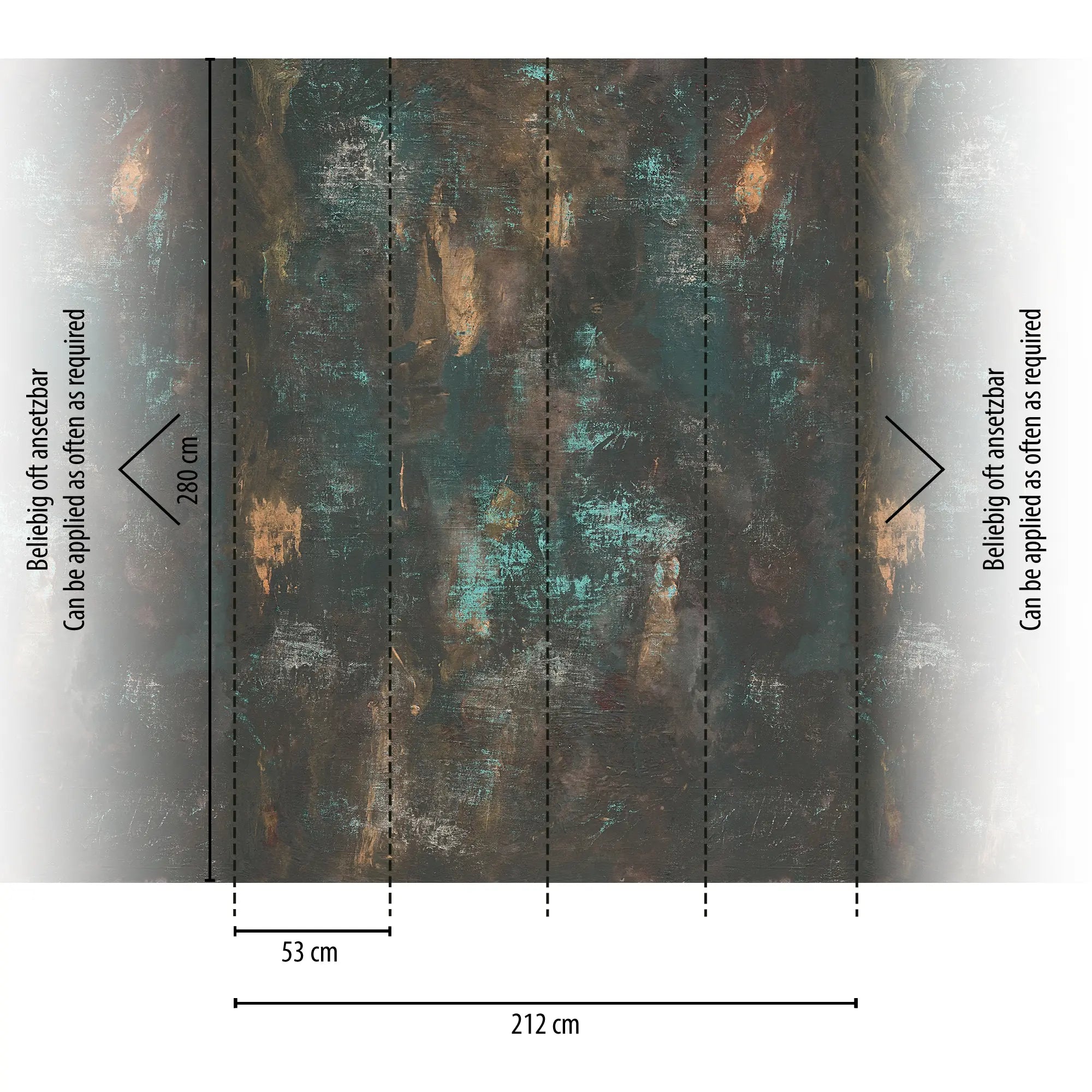 Illustration af Textured Mystique tapet med dimensioner på 280 cm højde og 53 cm bredde pr. segment, der viser opsætningsmuligheder.