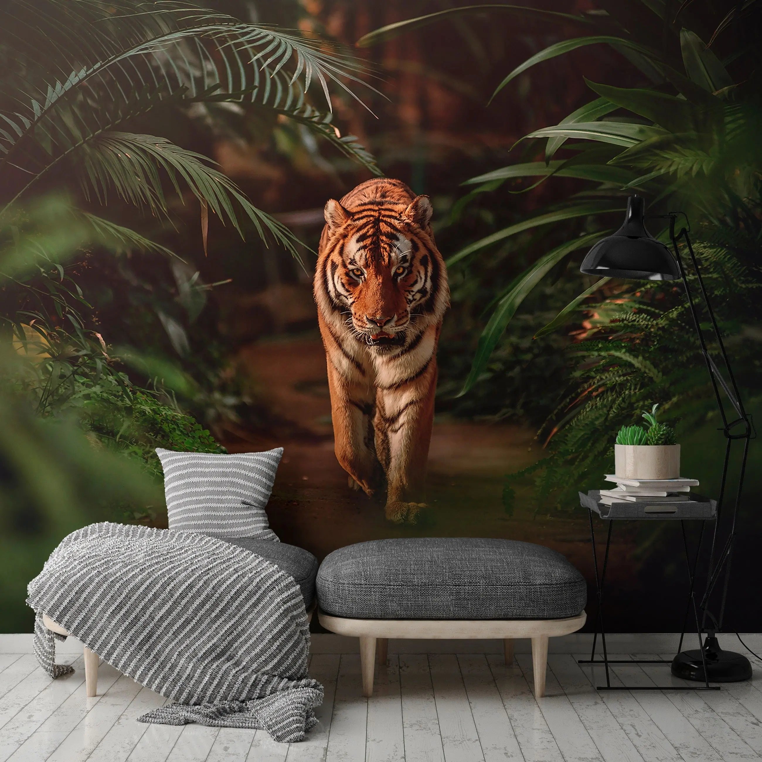 Billede 6 af Fototapet - Tiger i tæt junglevegetation