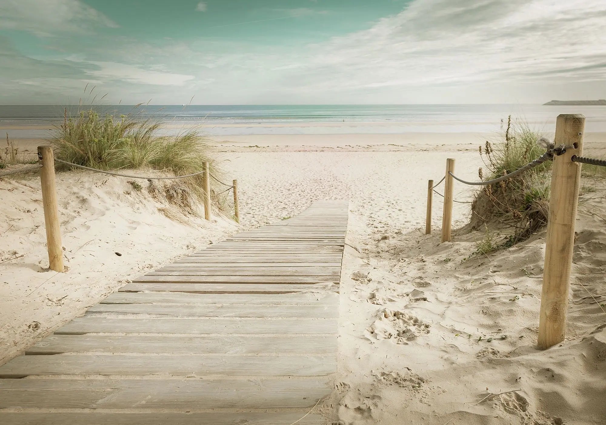 Billede 1 af Fototapet - Træsti til sandstrand med hav og himmel