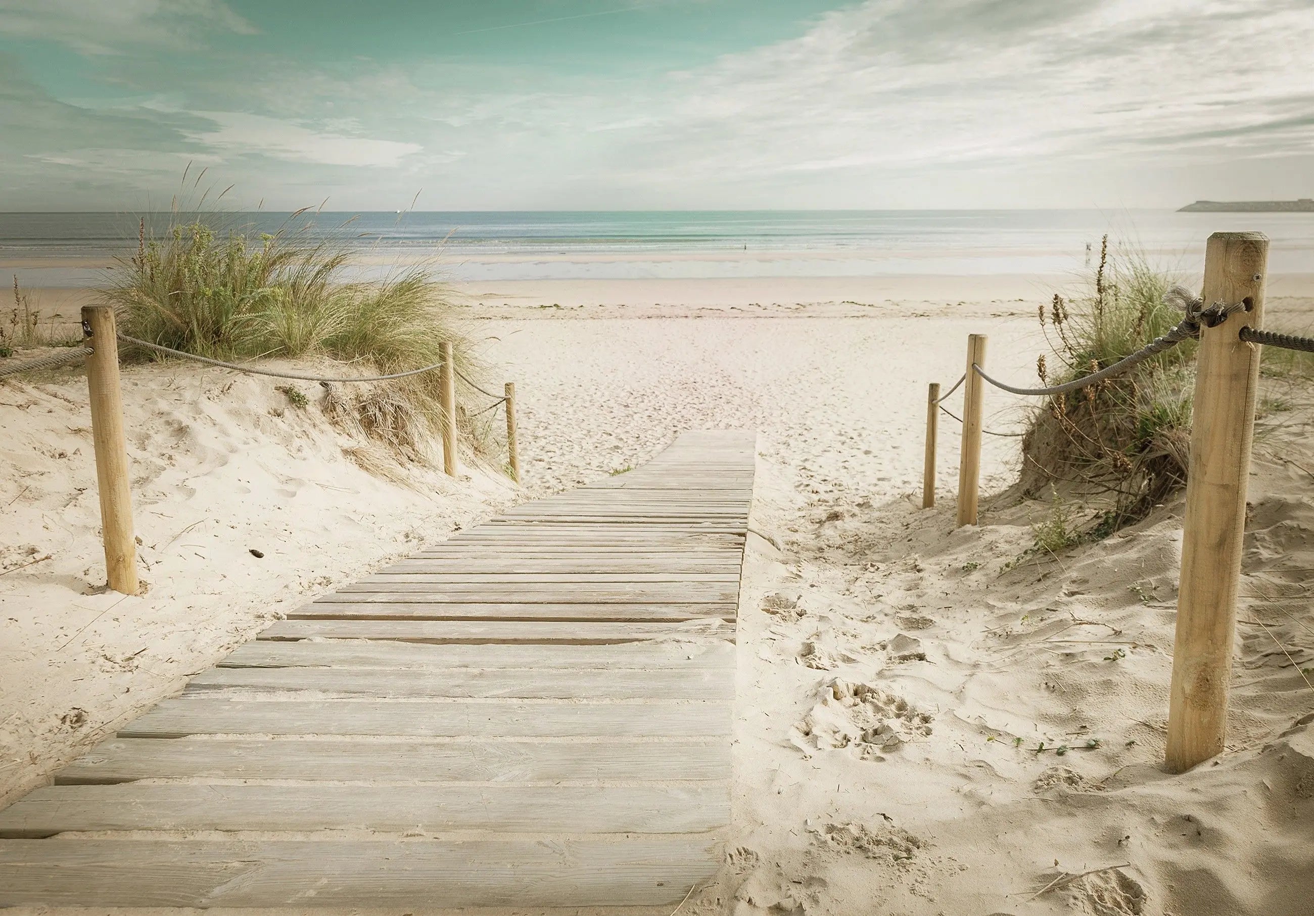 Billede 4 af Fototapet - Træsti til sandstrand med hav og himmel