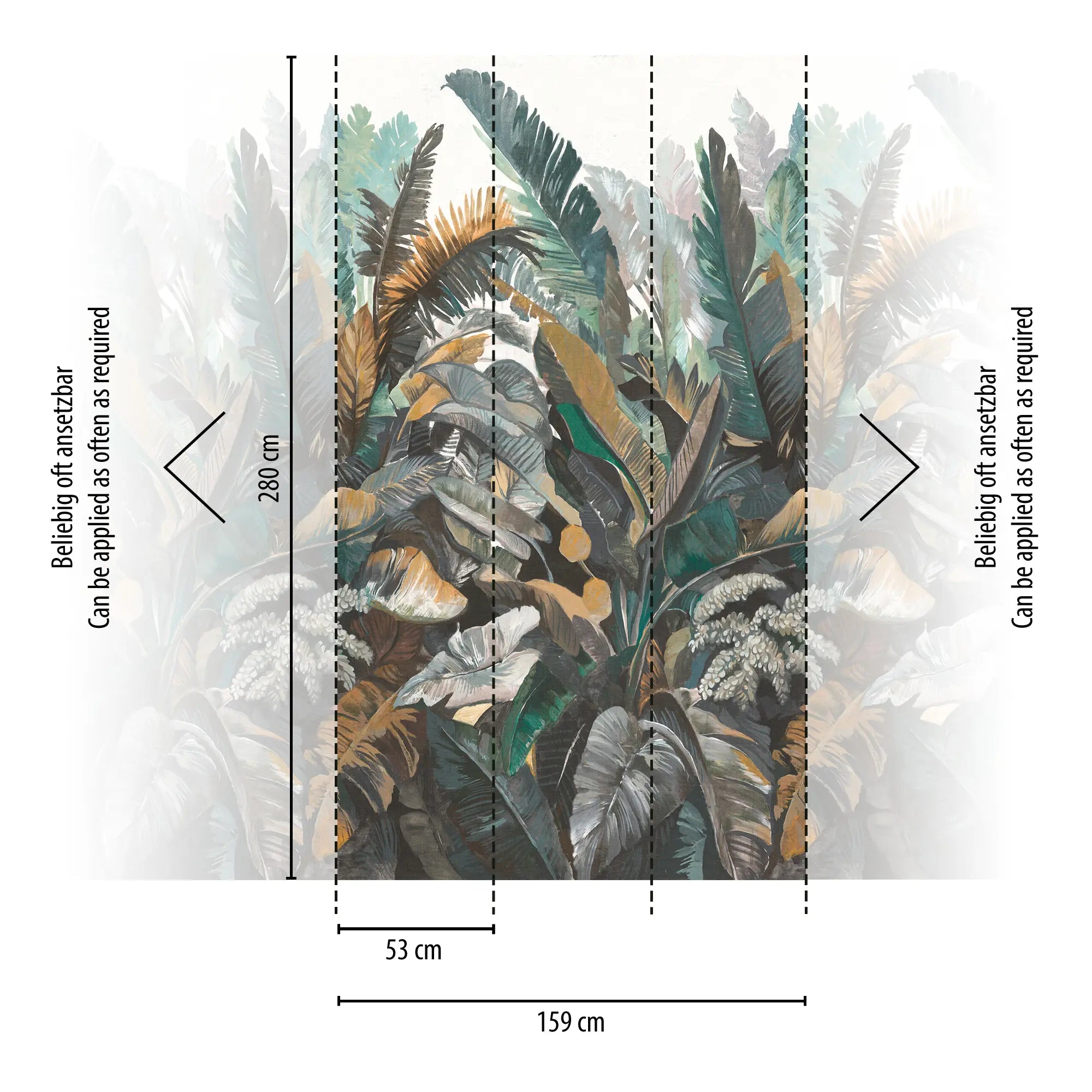 Nicetapet.dk: Mål og specifikationer for Tropical Abundance tapet, vist med dimensioner 280 cm højt og 159 cm bredt, med repeterbart mønster.