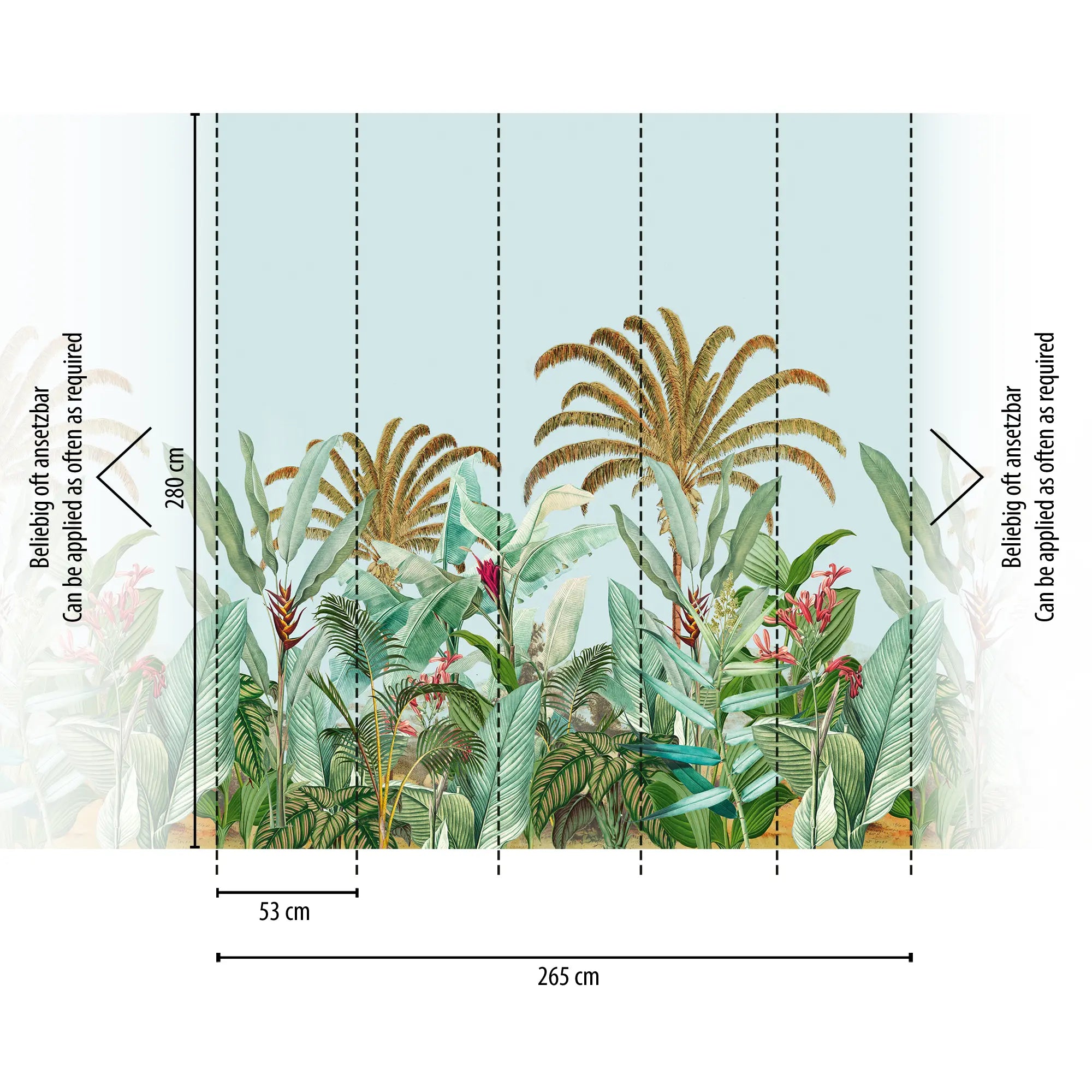 Tropical Canopy tapet med mål og sektioner vist, der viser hele designets størrelse og placering.