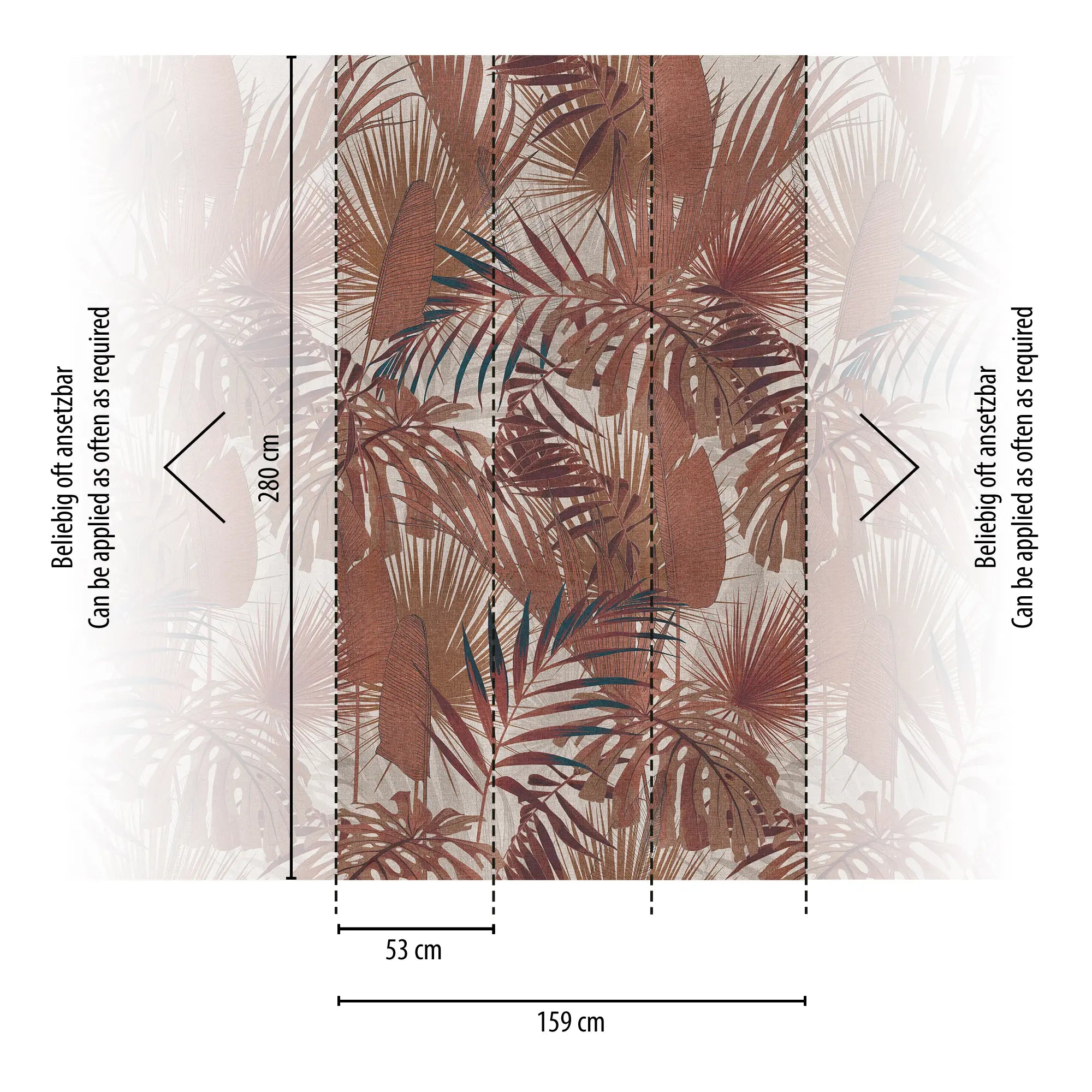 Dimensioner og opsætningsinstruktioner for Tropical Essence - Ember tapet fra Nicetapet.dk, viser sektioner og målinger