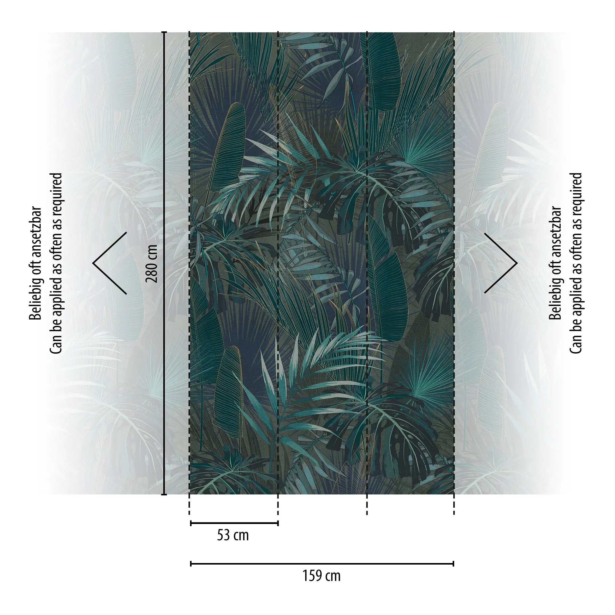 Viser dimensionerne på tapetet 'Tropical Essence - Twilight', med bredde på 159 cm og højde på 280 cm, samt et snit af tapetet, der viser installationsmuligheder.