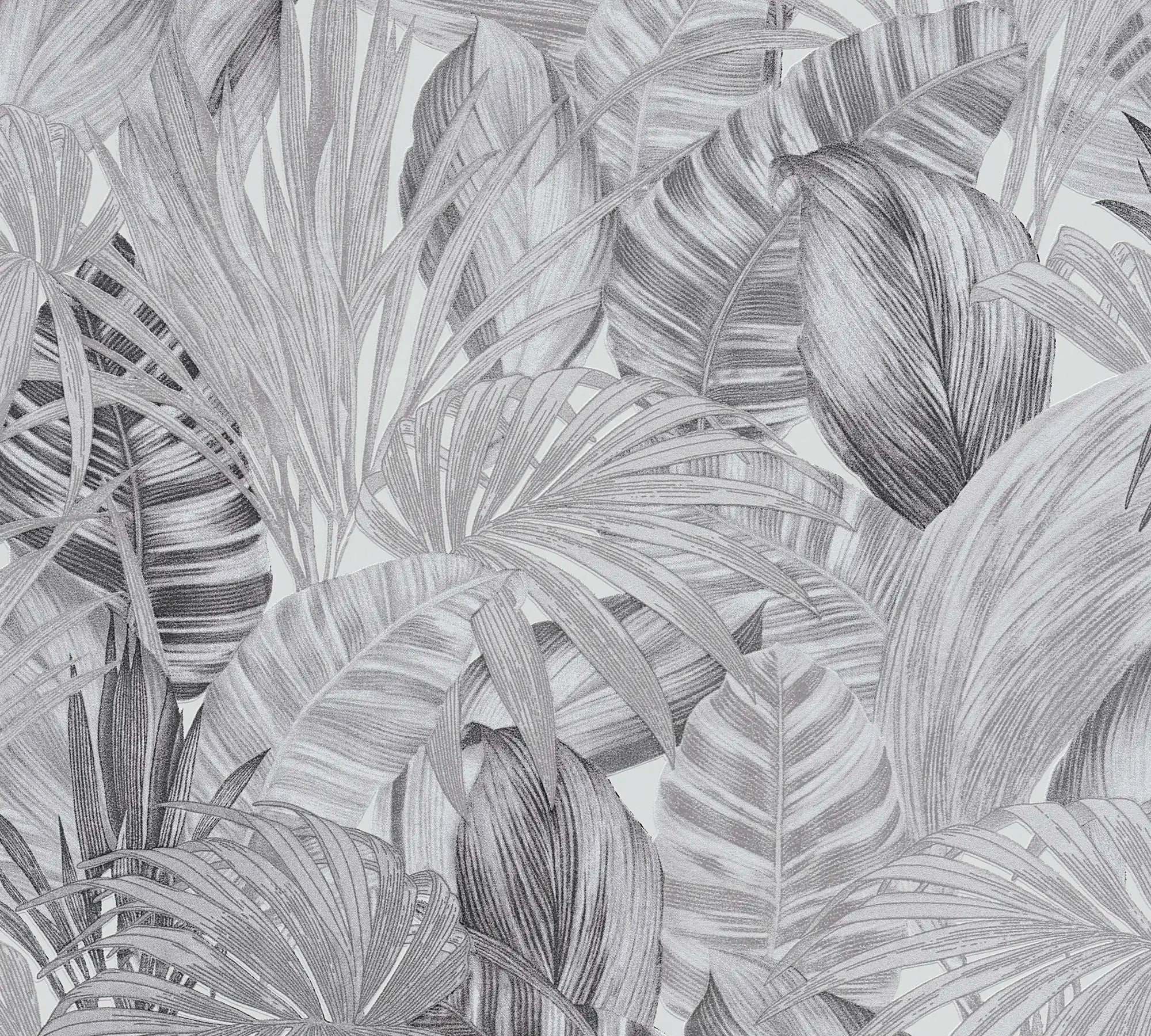 Nærbillede af Tropical Foliage - Silver tapet med detaljeret tropisk løvmønster i sølvnuancer.