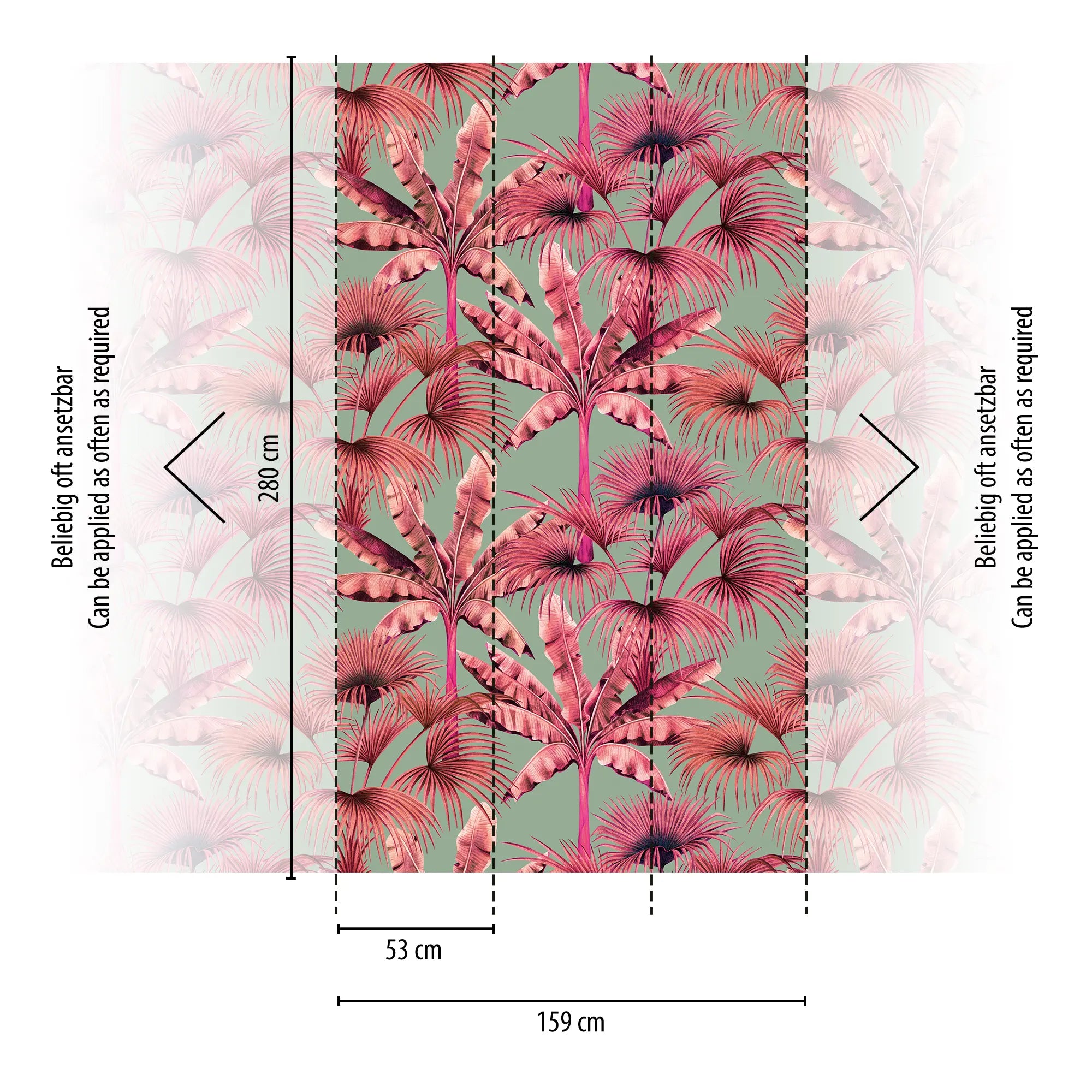 Mål for Tropical Reverie - Flamingo tapet; størrelsen er 280 cm i højden og 159 cm i bredden, opdelt i sektioner.