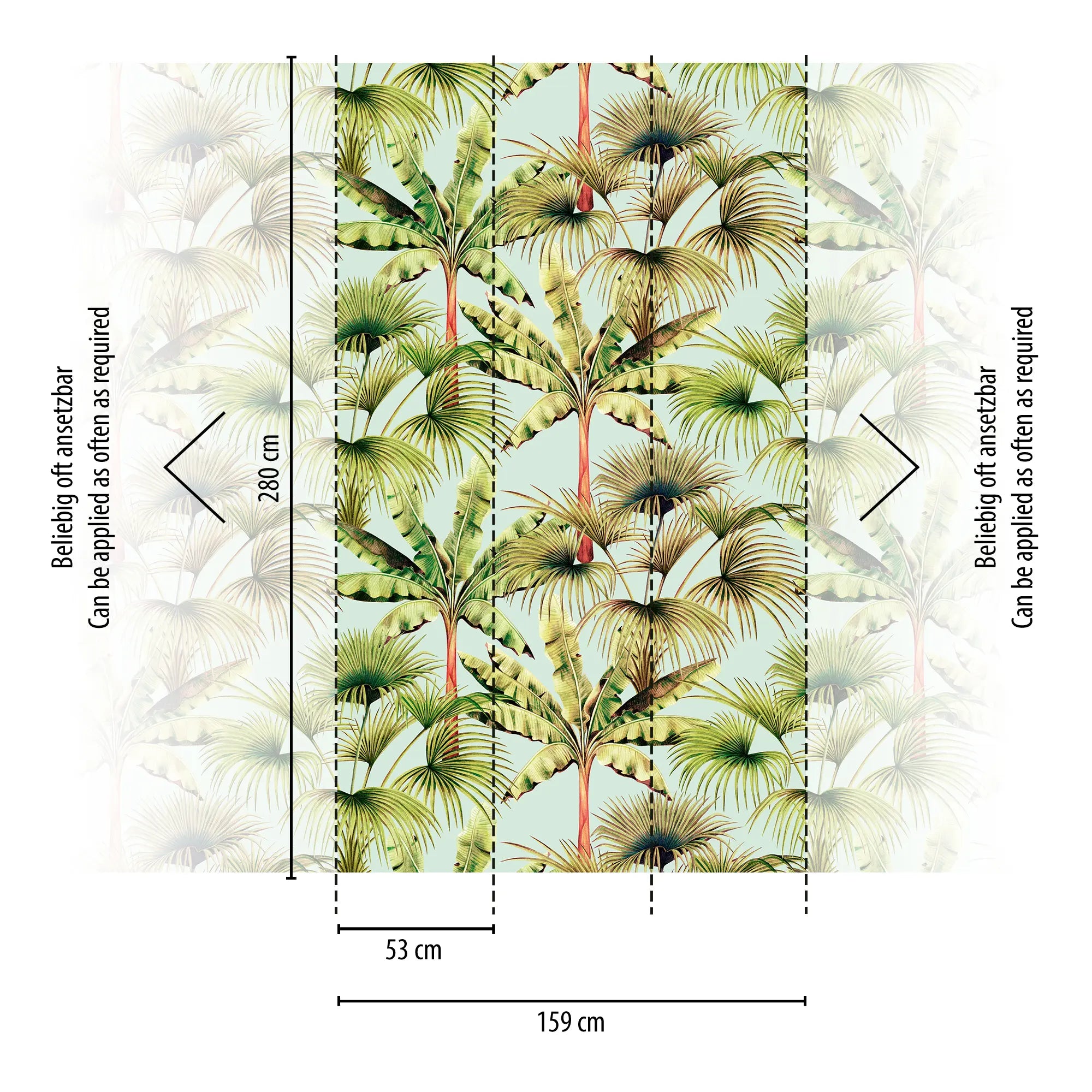 Illustration af Tropical Reverie - Jade tapet med mål angivet. Viser gentagelsesmuligheder for palmemønsteret.