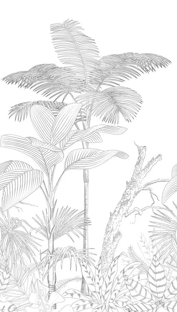 Detaljeret skitse af tropisk vegetation med palmer og forskellige planter for Nicetapet.dk's produkt Tropical Sketch.