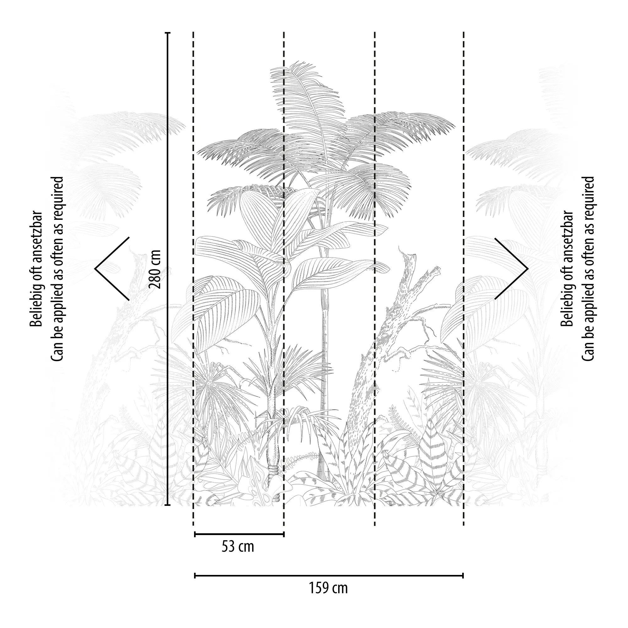 Mål og installationsinstruktioner for Nicetapet.dk's Tropical Sketch tapet, med angivne segmenter på 53 cm bred og 280 cm høj.