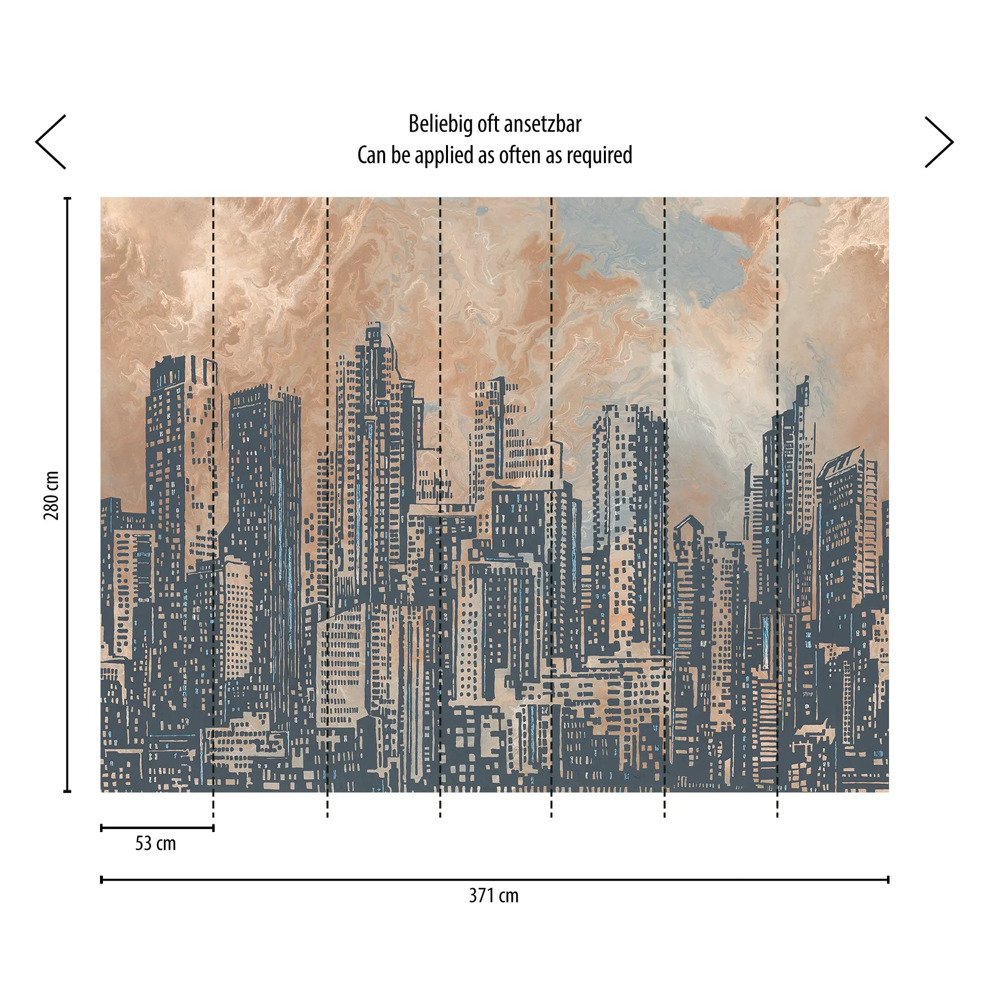 Urban Dreamscape tapet med skyskrabere. Viser dimensioner: 280 cm i højden og 371 cm i bredden, med sektioner på 53 cm hver.