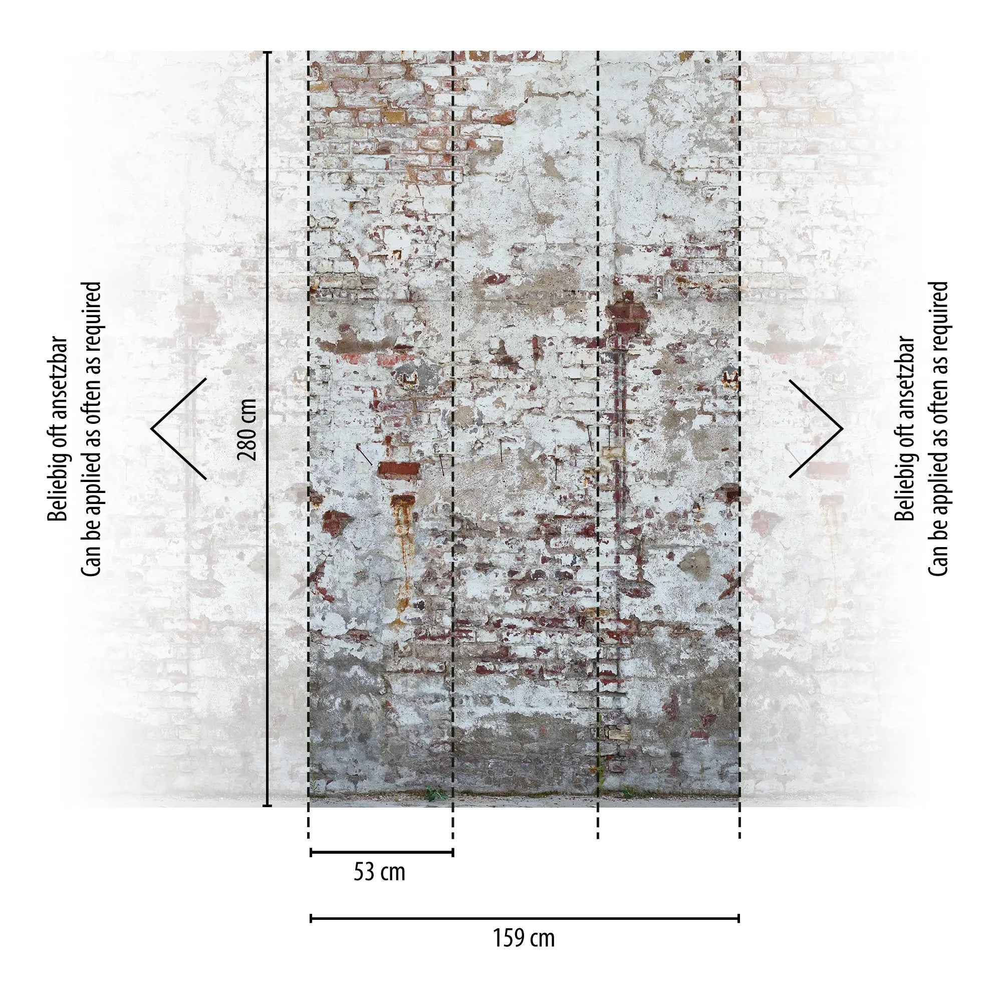 Urban Echo tapet med dimensioner vist som 159 cm bredde og 280 cm højde, opdelt i sektioner for lettere anvendelse.