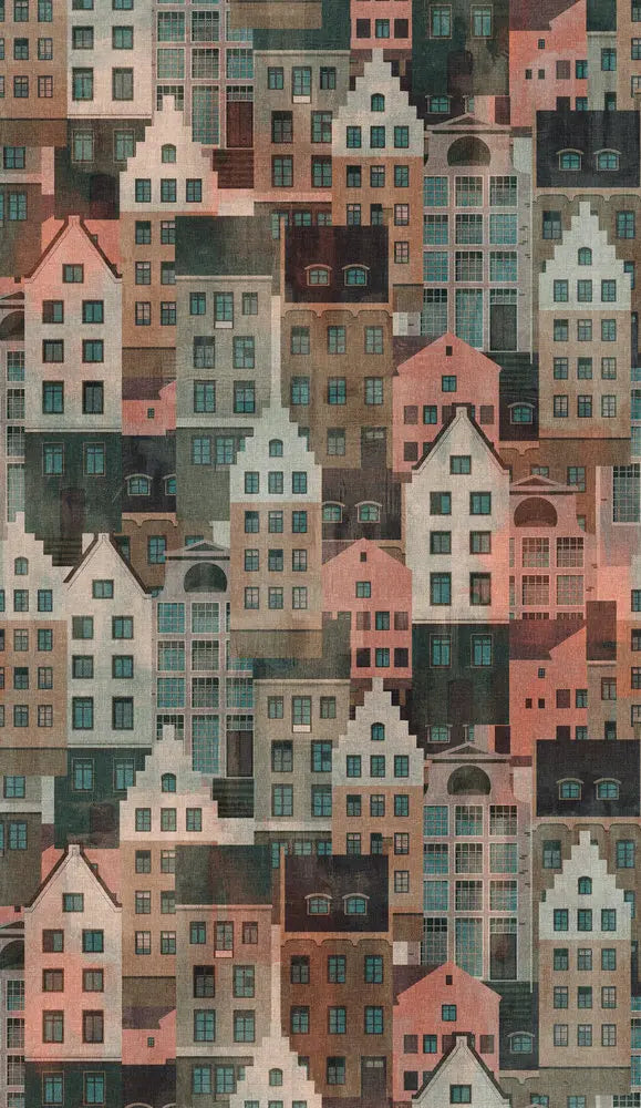 Tapetdesign Urban Mosaic - Dawn med tæt mønster af geometriske bygninger i forskellige farver som beige, grøn og rosa.