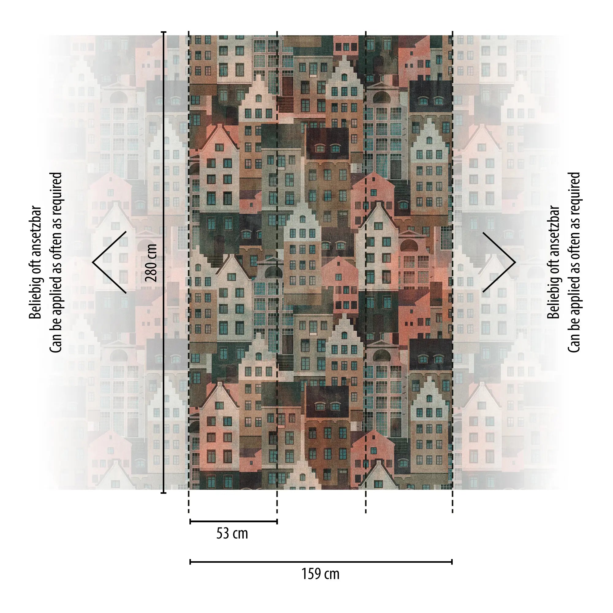 Diagram over tapet Urban Mosaic - Dawn, der viser dimensioner på 159 cm x 280 cm og gentagelsesmuligheder.