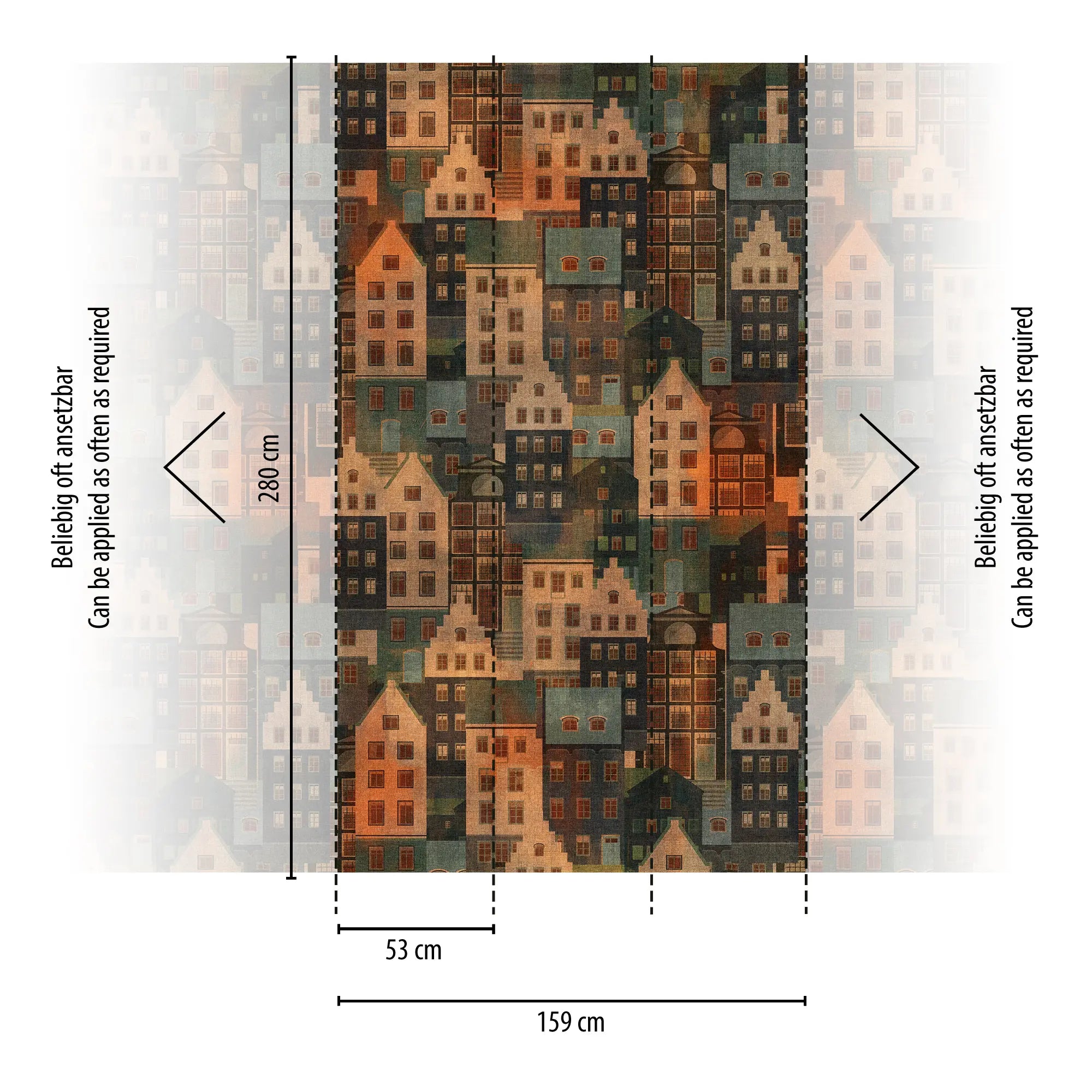 Diagram der viser dimensionerne på Urban Mosaic - Sunset tapet fra Nicetapet.dk med højde på 280 cm og bredde på 159 cm.