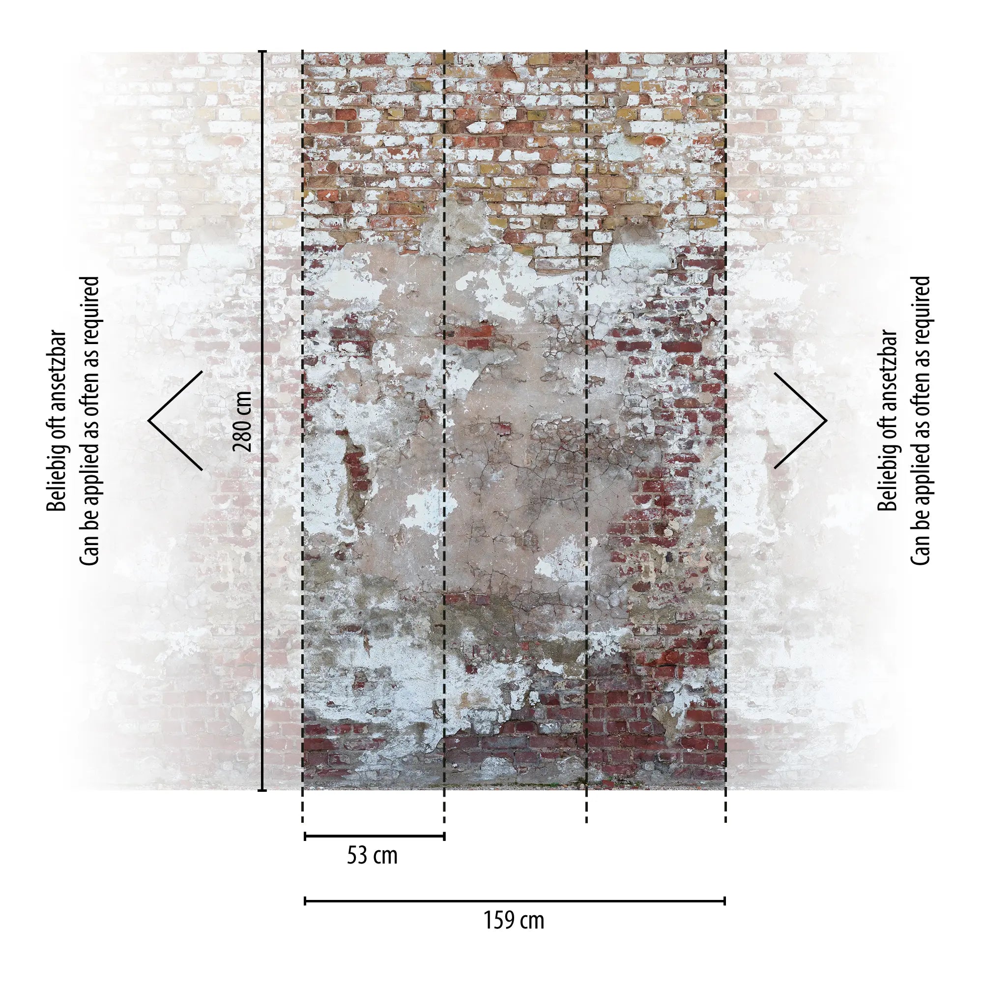 Urban Patina tapet med mål 159 cm bredde og 280 cm højde, opdelt i sektioner for nem installation, der viser en detaljeret murstensoverflade.