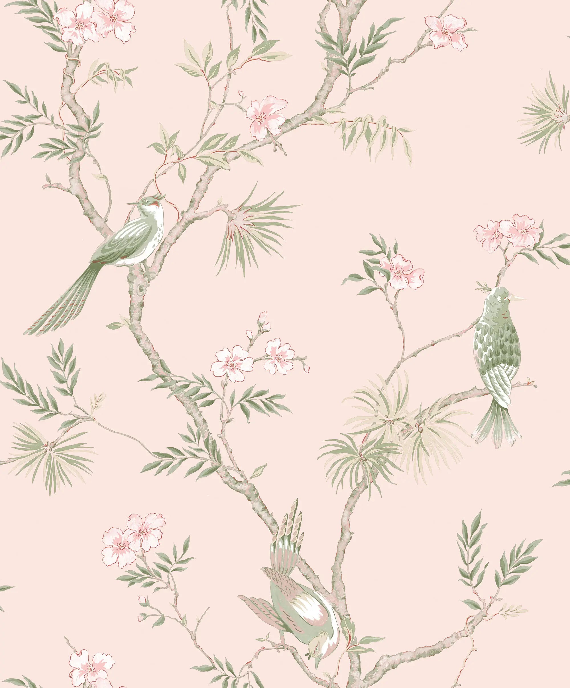 Billedet viser Veiled Aviary - Blossom tapetdesign med fugle og blomstergrene på en blød lyserød baggrund.