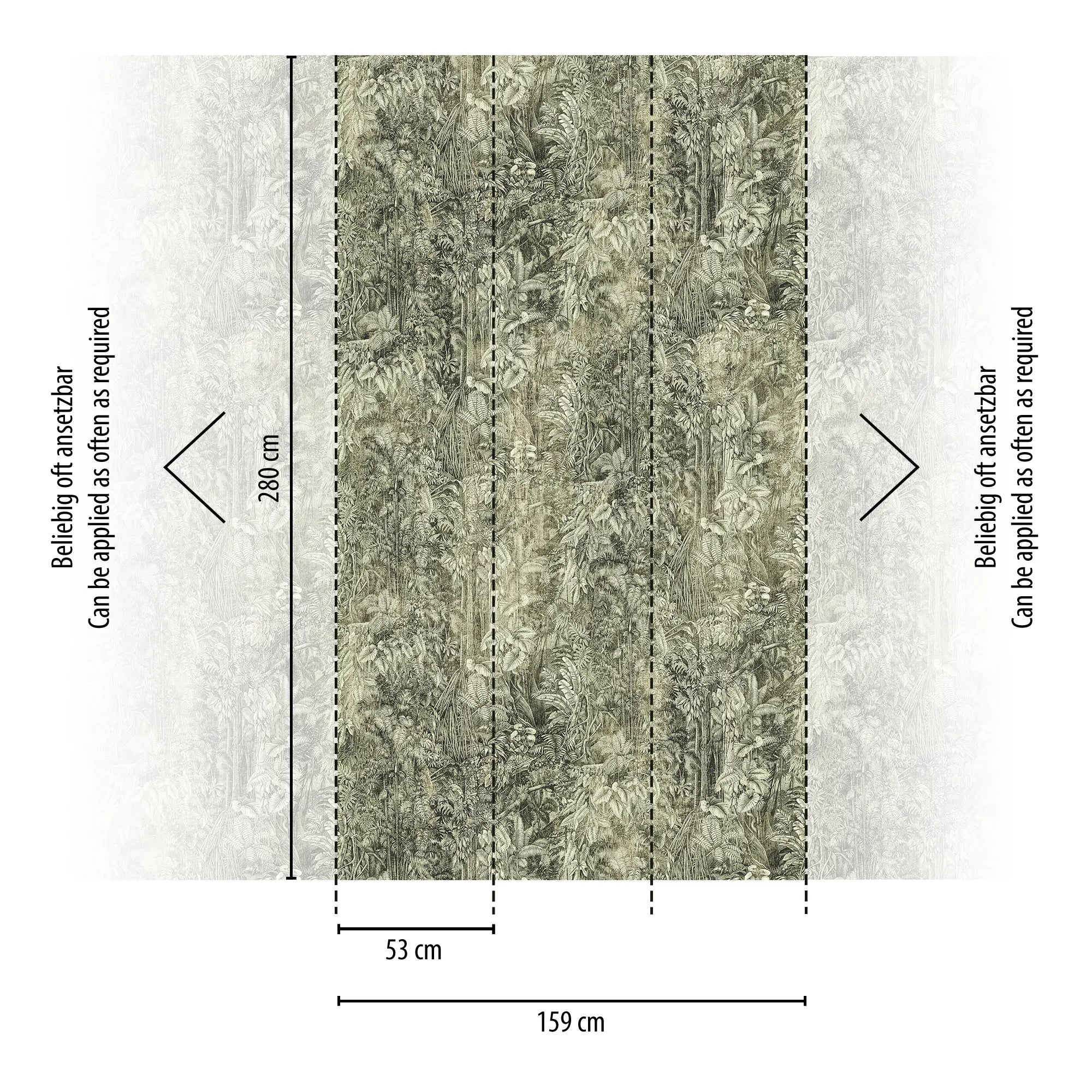 Illustration af Verdant Whisper tapet, der viser målene 280 cm i højden og 159 cm i bredden, opdelt i tre paneler på 53 cm hver, med en tæt skovgrafik i grønne nuancer. Mulighed for flerdobbelt anvendelse fremhævet.