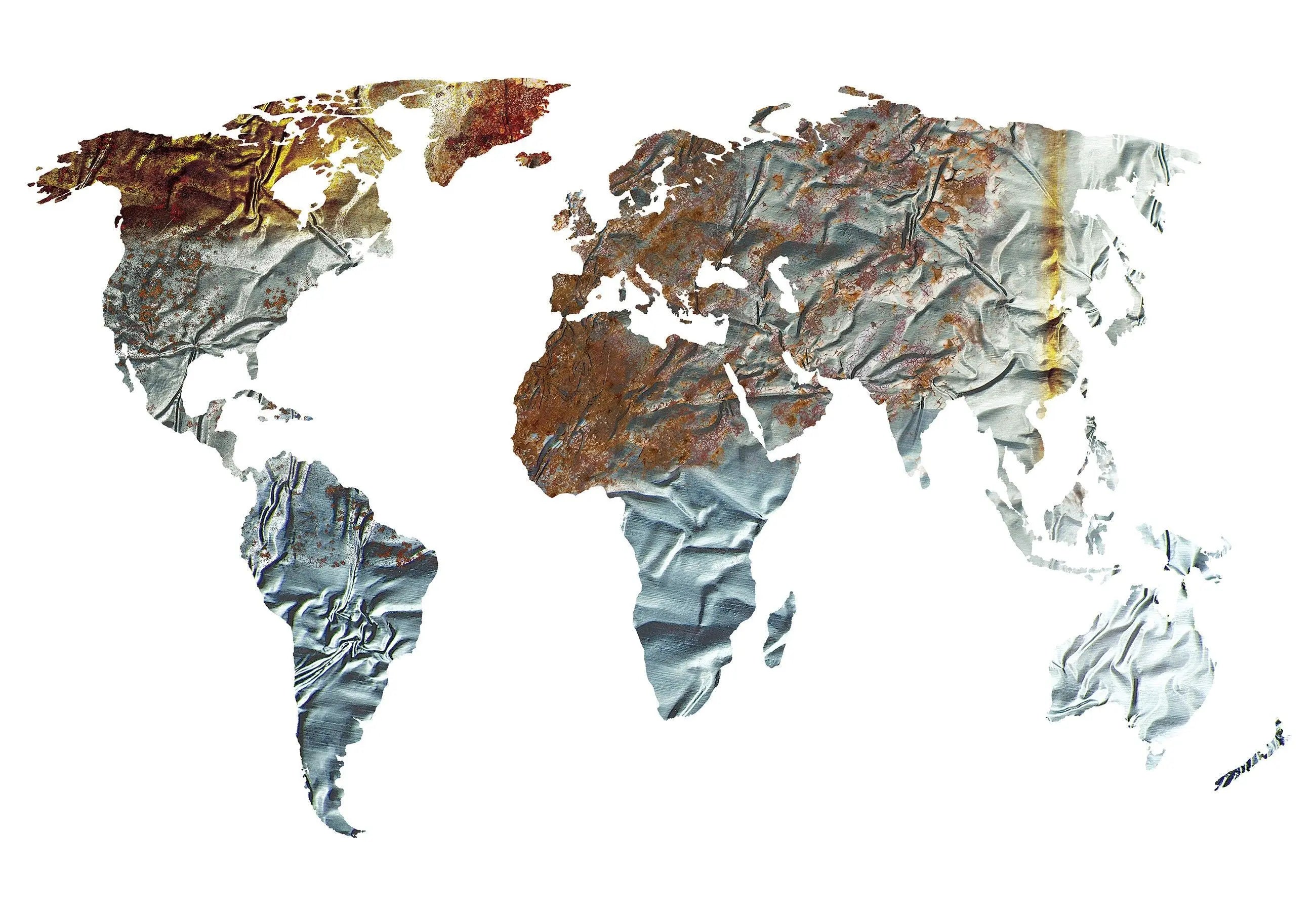 Billede 2 af Fototapet - Verdenskort i krøllet sølv og rustfarver