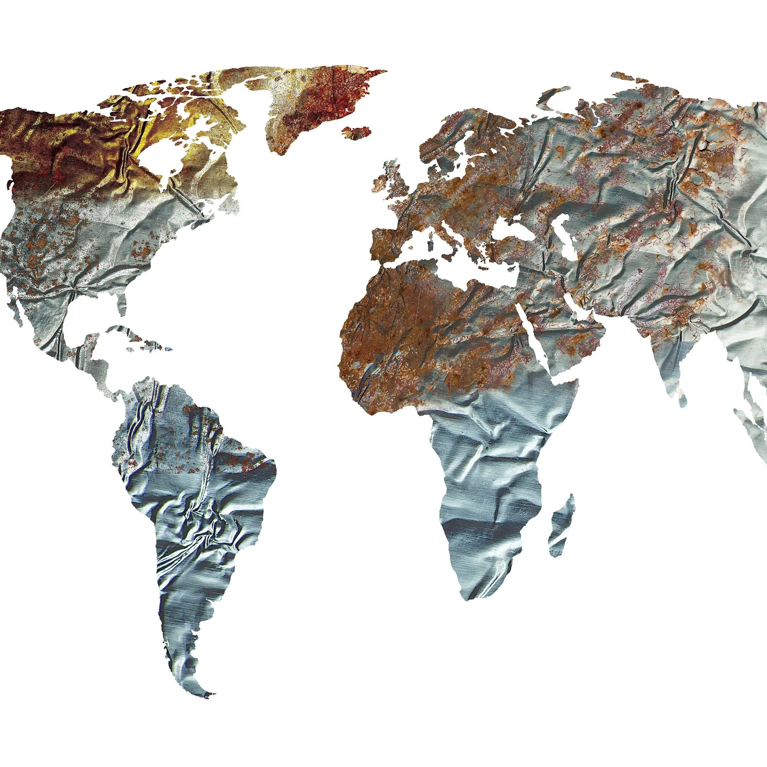 Billede 8 af Fototapet - Verdenskort i krøllet sølv og rustfarver