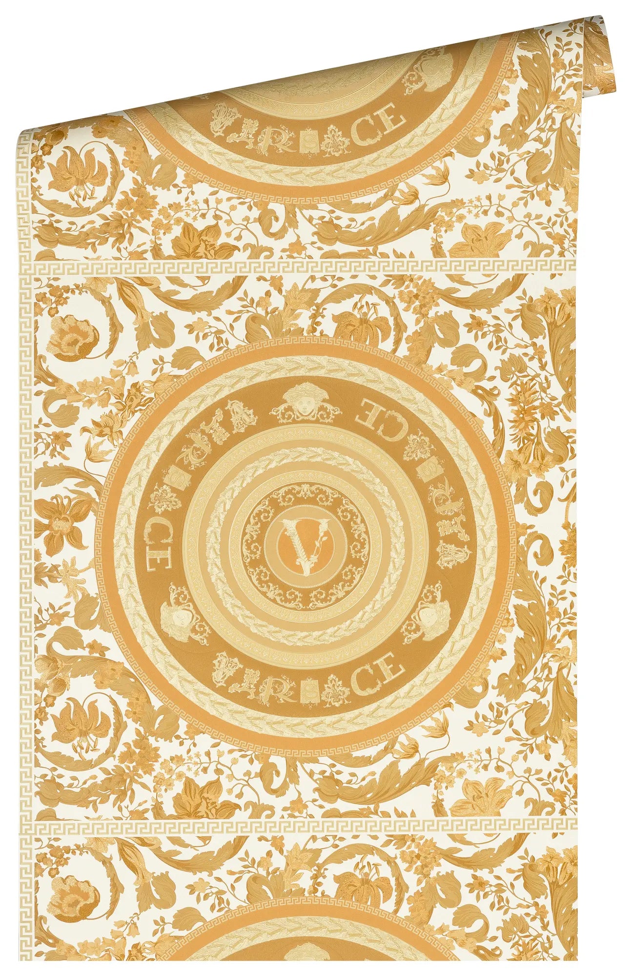 Versace Virtus - Gold tapetrulle der viser det fulde mønster af guldmedallioner og blomsterdesign på en rulle.