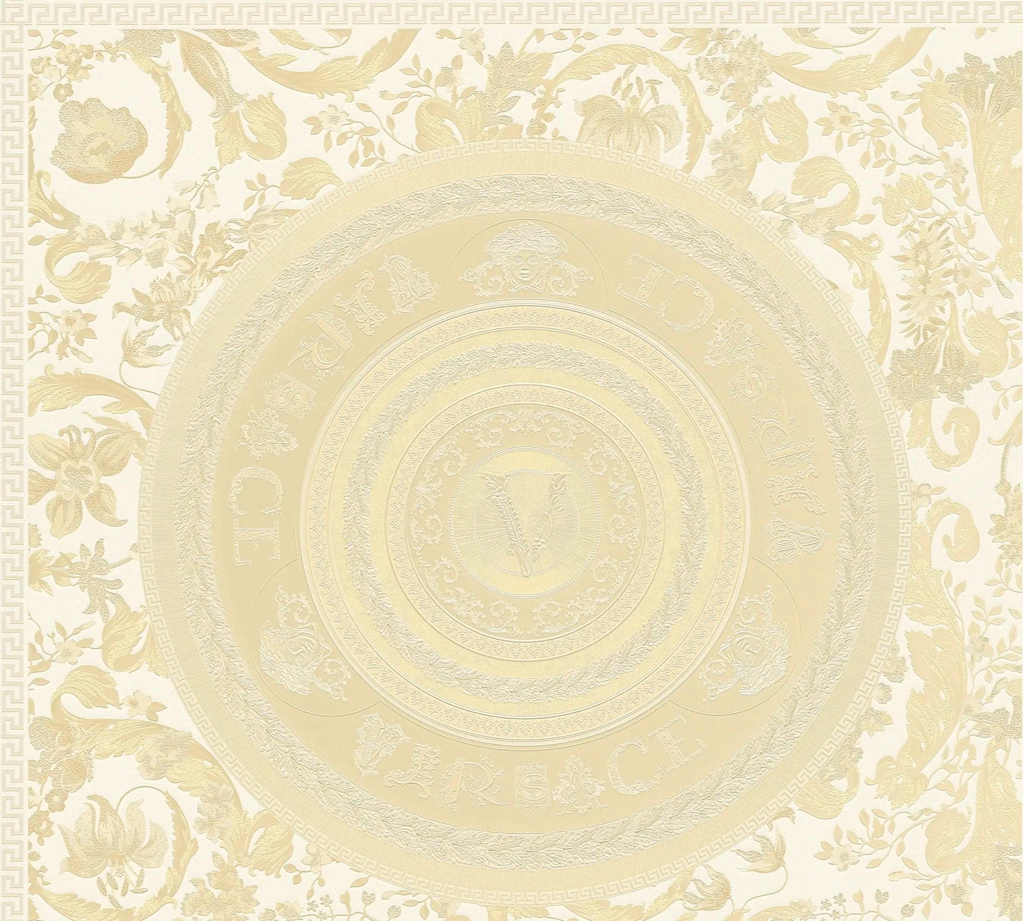 Versace Virtus - Muted Gold tapet med et sofistikeret cirkulært mønster i afdæmpet guld, dekorativt detaljeret design.