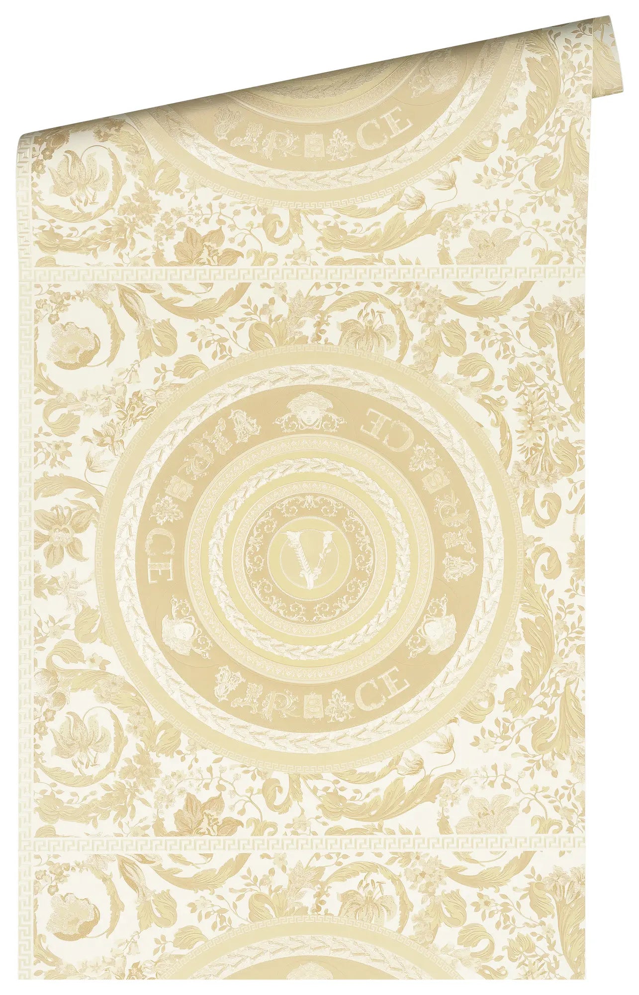 Versace Virtus - Muted Gold tapetrulle, der viser det elegante mønster i afdæmpet guld med blomstermotiver og cirkulære designs.