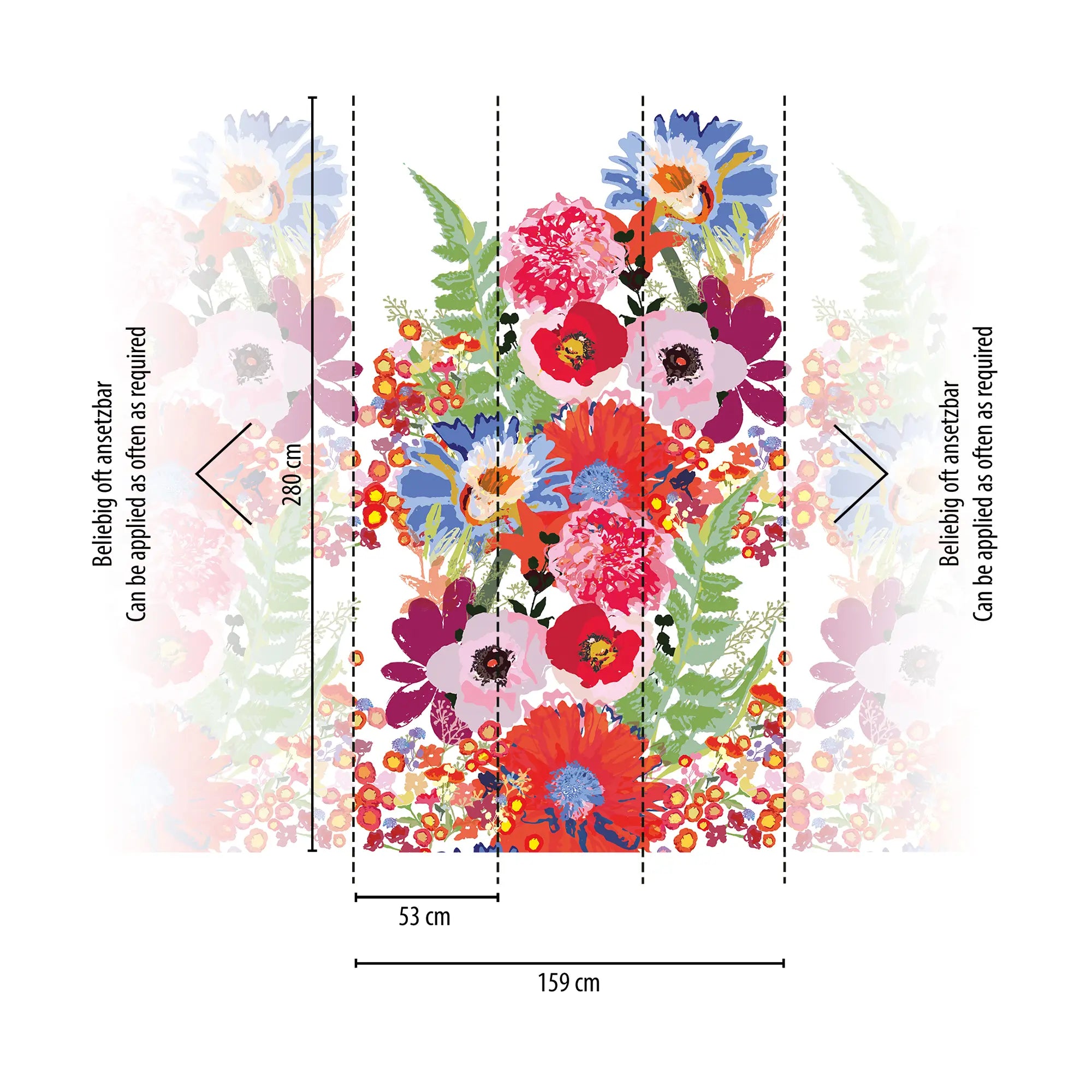 Tapet fra Nicetapet.dk viser dimensioner: 280 cm høj x 159 cm bred. Indeholder et farverigt blomstermønster med røde, pink og blå blomster på en lys baggrund.