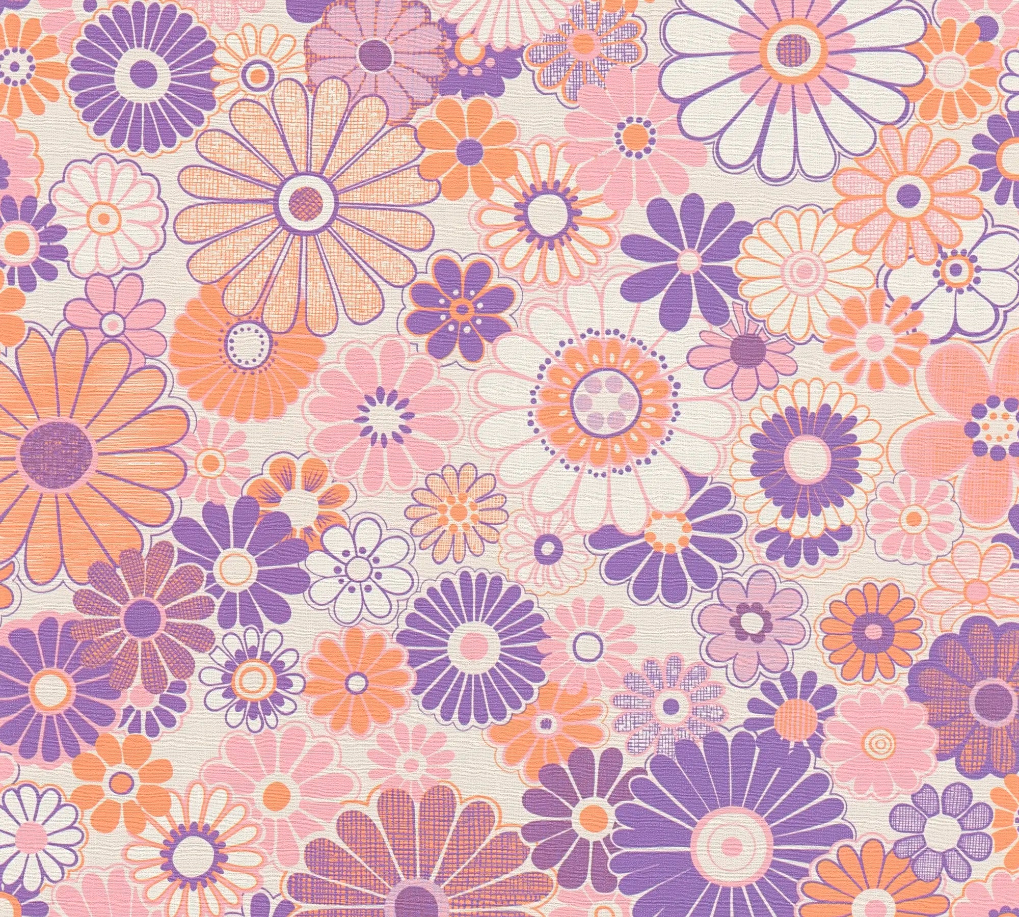 Vivian - Blossom tapet med farverigt blomsterdesign i lilla, pink og orange nuancer.