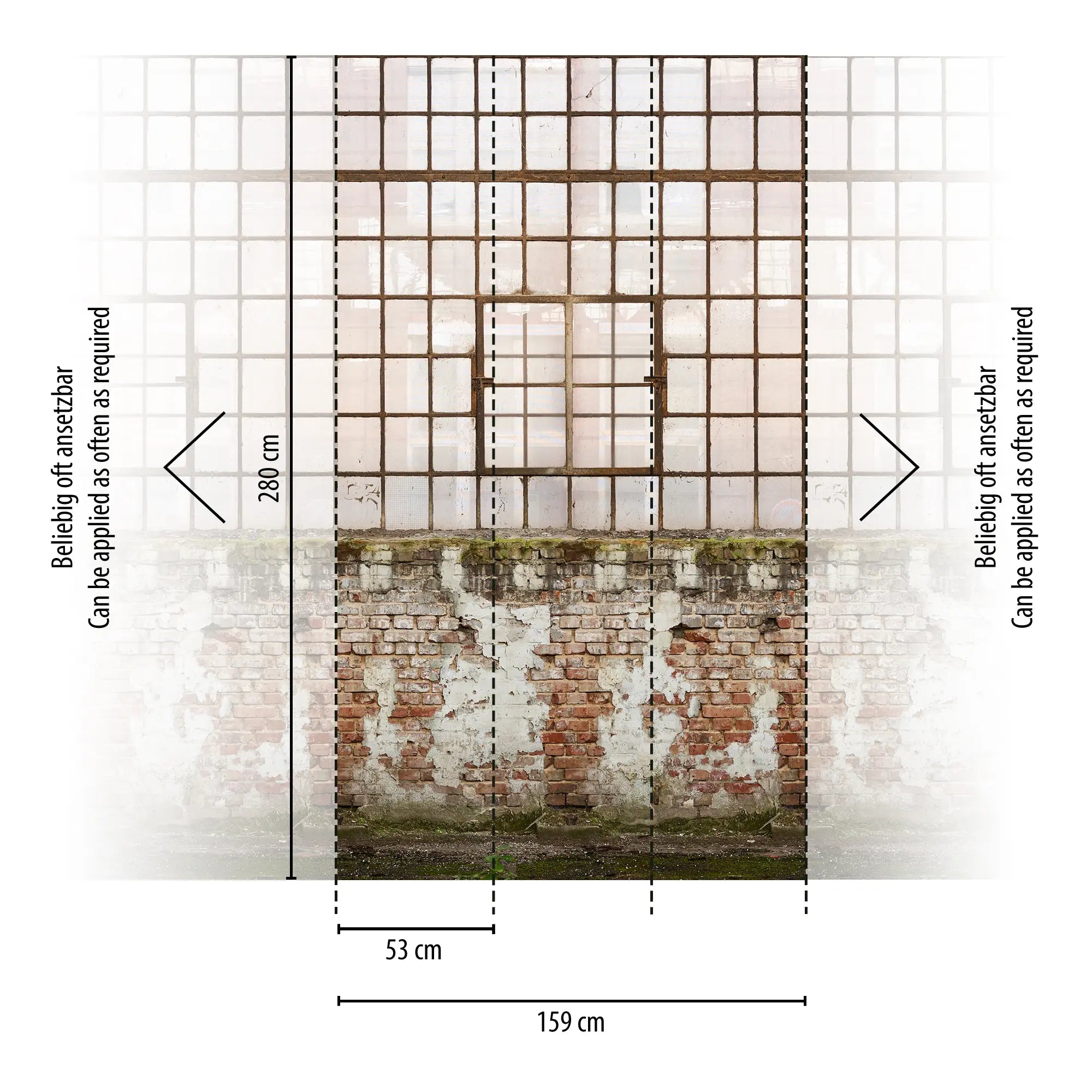 Warehouse Window tapet dimensioner vist med opdelte paneler og mål i cm.