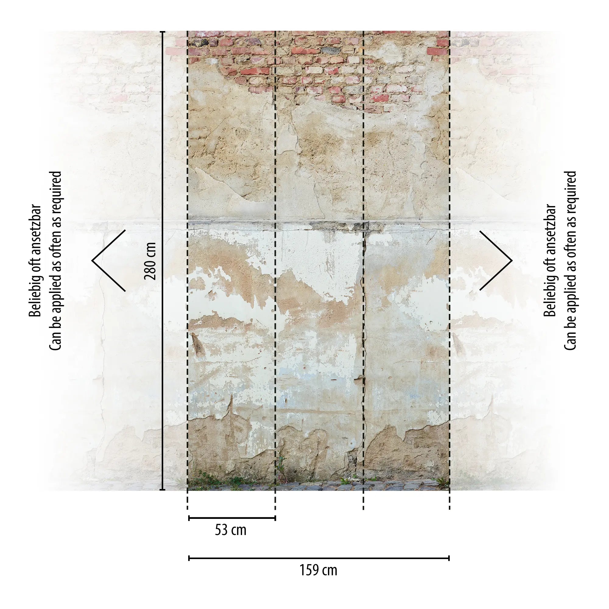 Diagram over Weathered Facade tapet med dimensionerne 280 cm i højden og 159 cm i bredden fra nicetapet.dk.