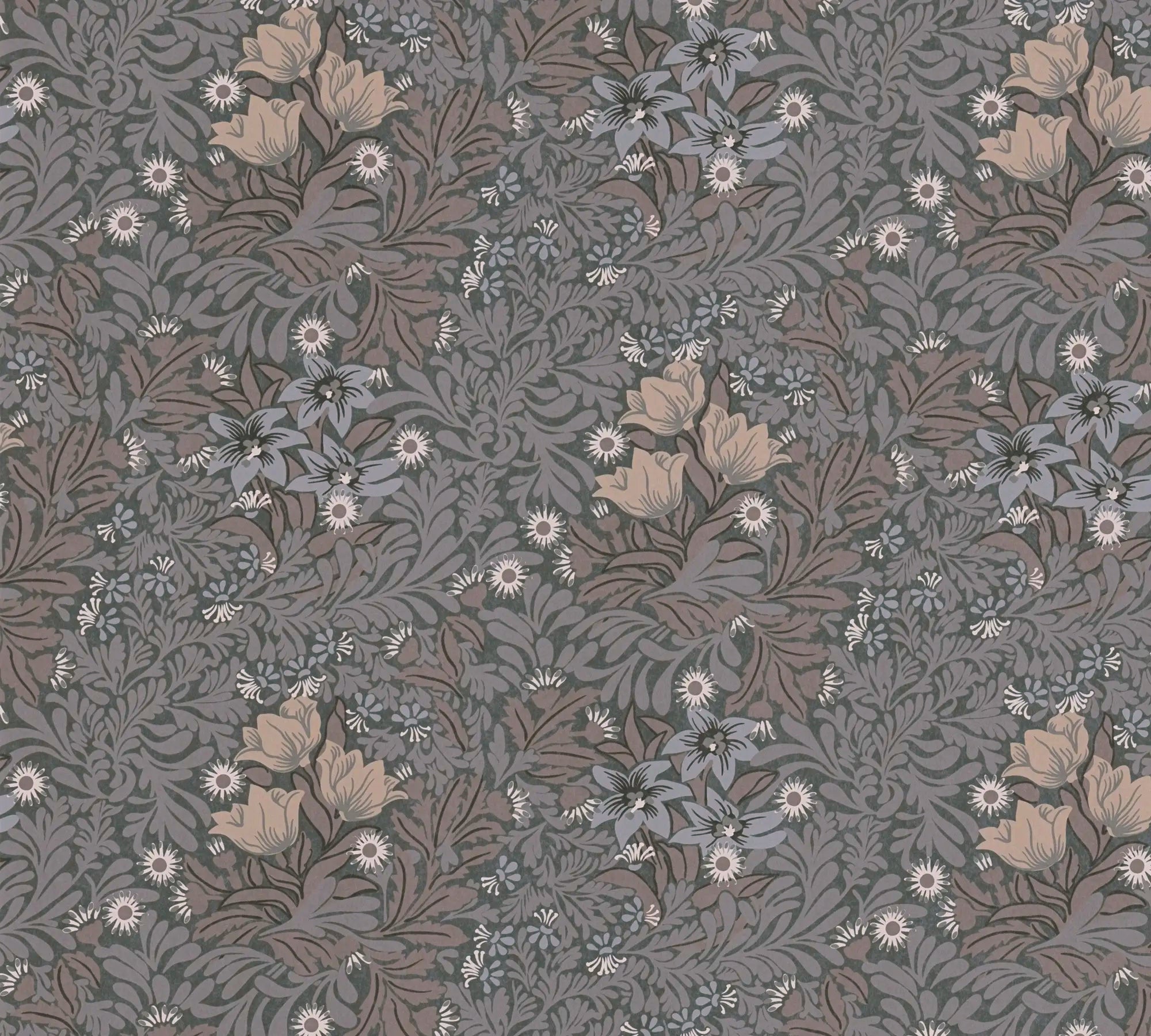 Detaljeret tapetmønster af Whispering Blooms - Smoky Twilight med blomsterdesign i nuancer af grå og beige, tilgængelig hos Nicetapet.dk.