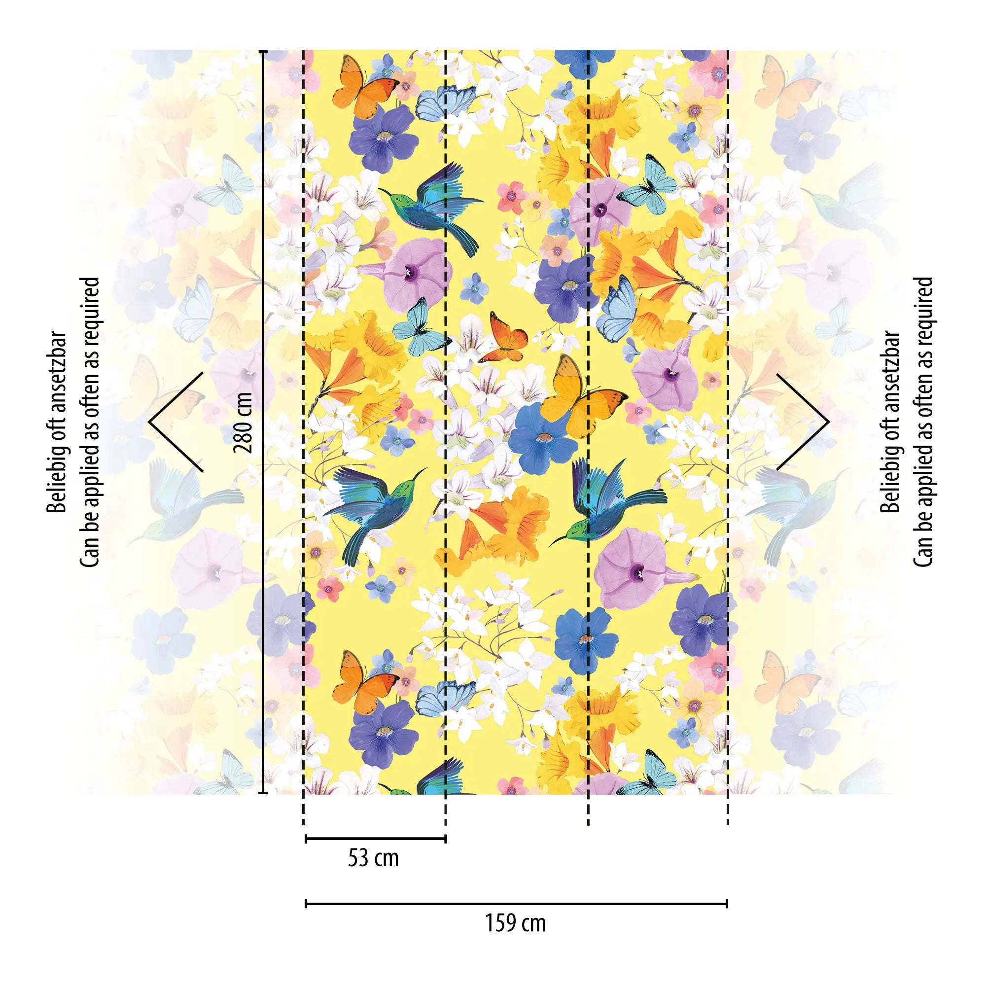 Produktionsskitse for Wings of Color tapet fra Nicetapet.dk, der viser målene 280 cm i højden og 159 cm i bredden med sektioner på 53 cm. Designet har farverige fugle og blomster.