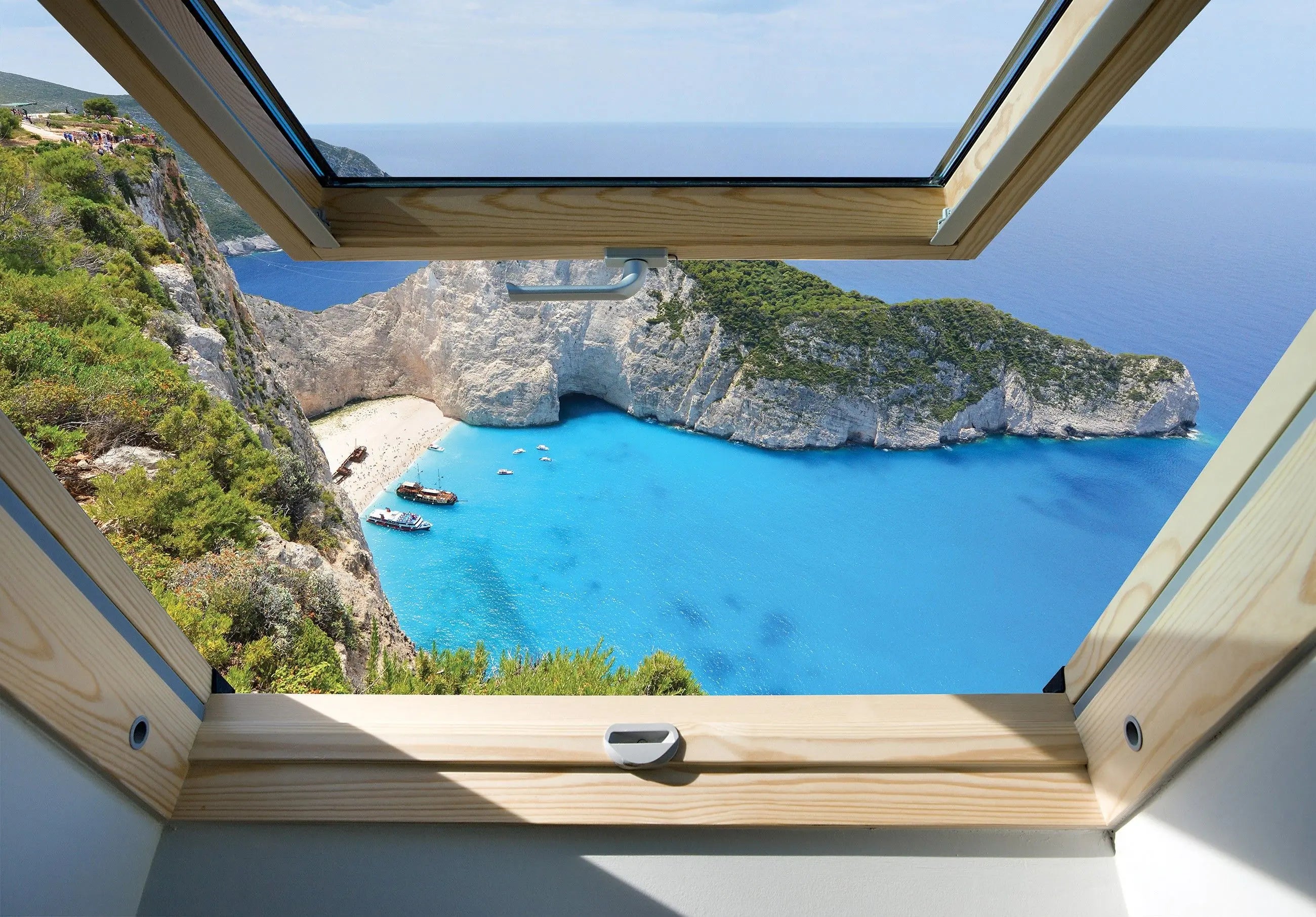 Billede 4 af Fototapet - Zakynthos Navagio Strand set fra åbent vindue