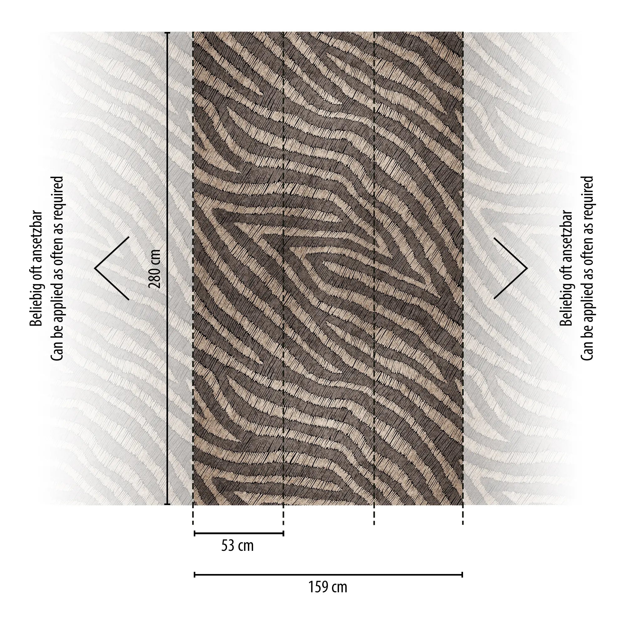 Dimensioner af Zebra Reverie tapet vises med målinger på 159 cm bredde og 280 cm højde.