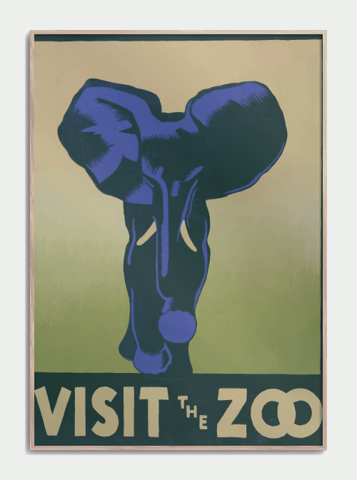 Zoo plakat med blå Elefant 50 X 70cm. - Retro plakat med Elefant