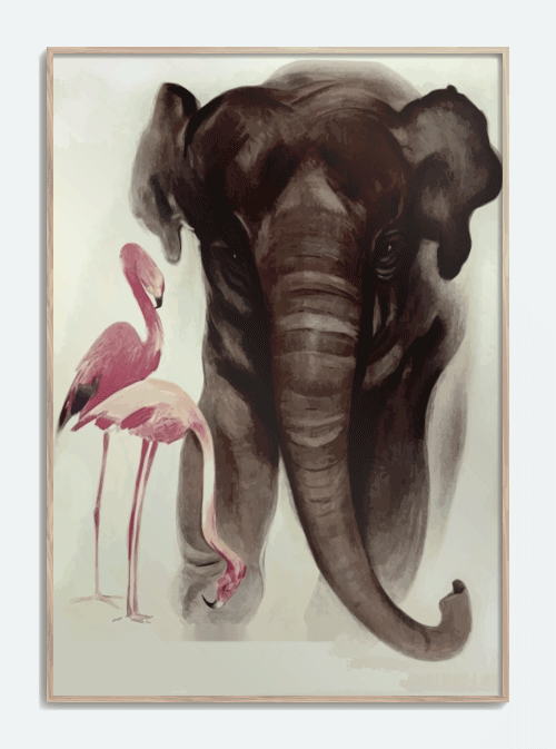 Zoo plakat Elefant og flamingoer 50 X 70cm. - Retro plakat med Elefant