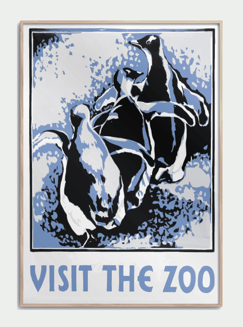 Zoo plakat med pingviner 50 X 70cm. - Retro plakat med pingviner