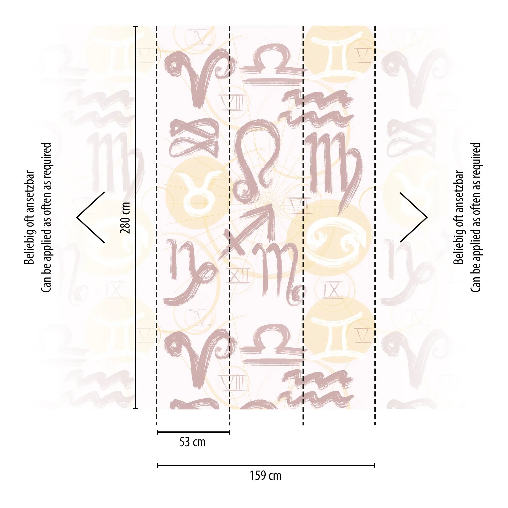 Diagram af Zodiac Reflections tapet fra Nicetapet.dk med dimensioner 280 cm høj og 159 cm bred, opdelt i sektioner.